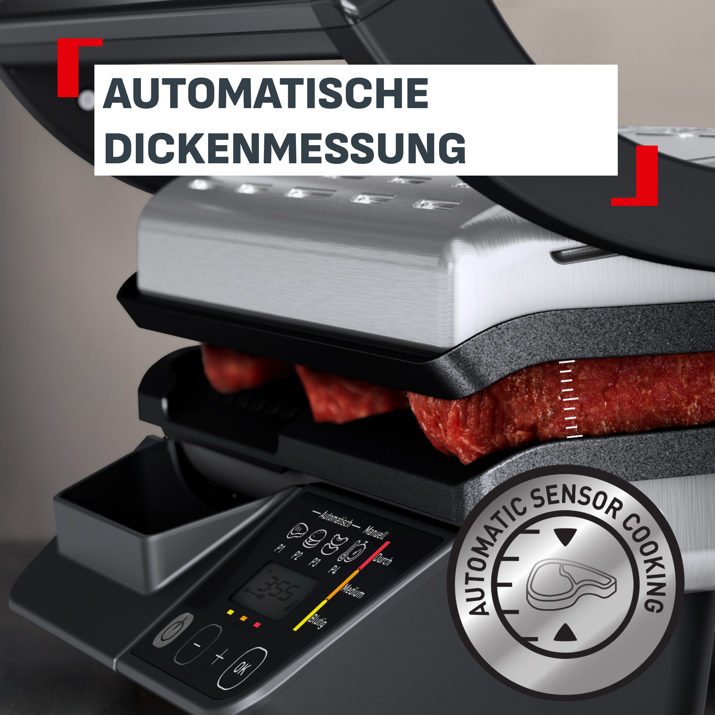 Tefal Kontaktgrill OptiGrill One, Anpassung der Garzeit, Messung der Dicke des Grillguts, 3 Programme