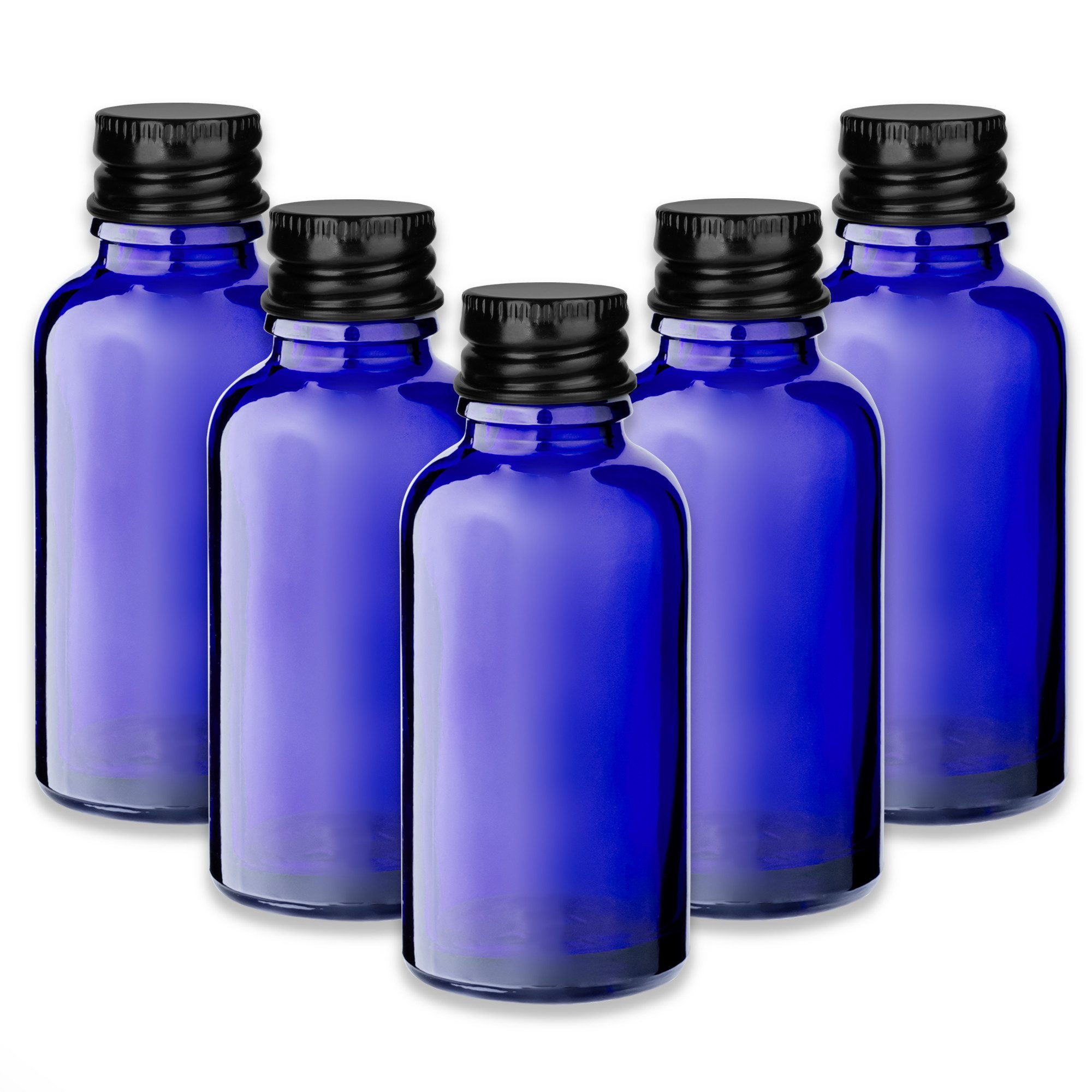 CK Verpackung GmbH Leerglas 5x Blaue Glasflasche 30 ml mit schwarzem Aluminiumverschluss leer Set