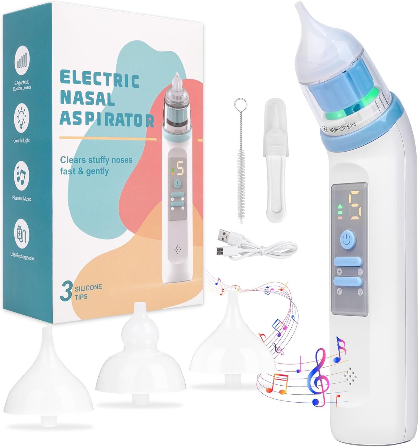 Vivitar Nasensauger Baby mit 9 Saugstufen, Nachtlicht & Musik, Wiederaufladbar über USB-C, Einfach zu Reinigen, Farbenfrohe Kinderlieder, Silikon-Saugspitze für Kleinkinder, Hygienisch, leicht zu reinigen, spülmaschinengeeignet für Neugeborene, 800 mAh Ak