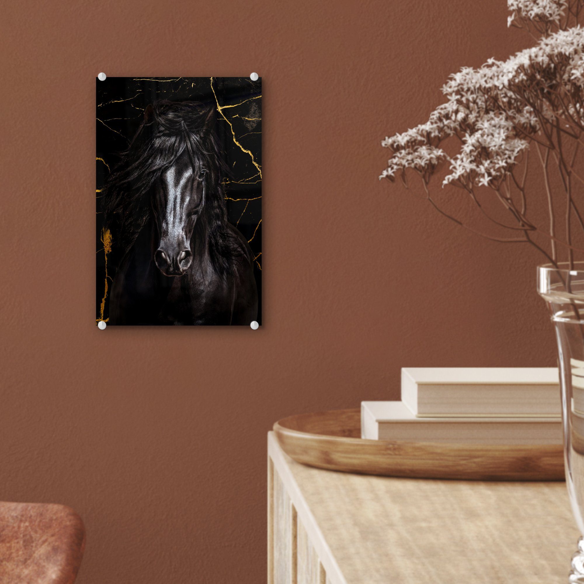Marmor, - (1 Glasbilder Pferd - Bilder St), Gold - Wanddekoration - Glas Glas - Acrylglasbild auf auf Foto MuchoWow Wandbild