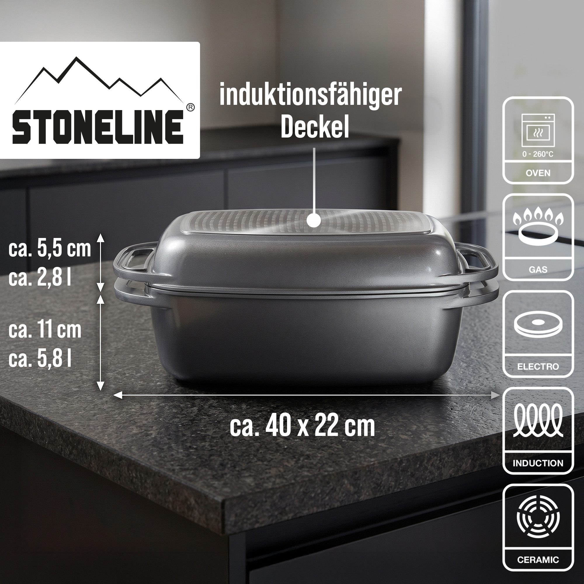 STONELINE Bräter, Aluminiumguss (2-tlg), Multifunktions-Bräter, induktionsgeeignet, Designed in Germany