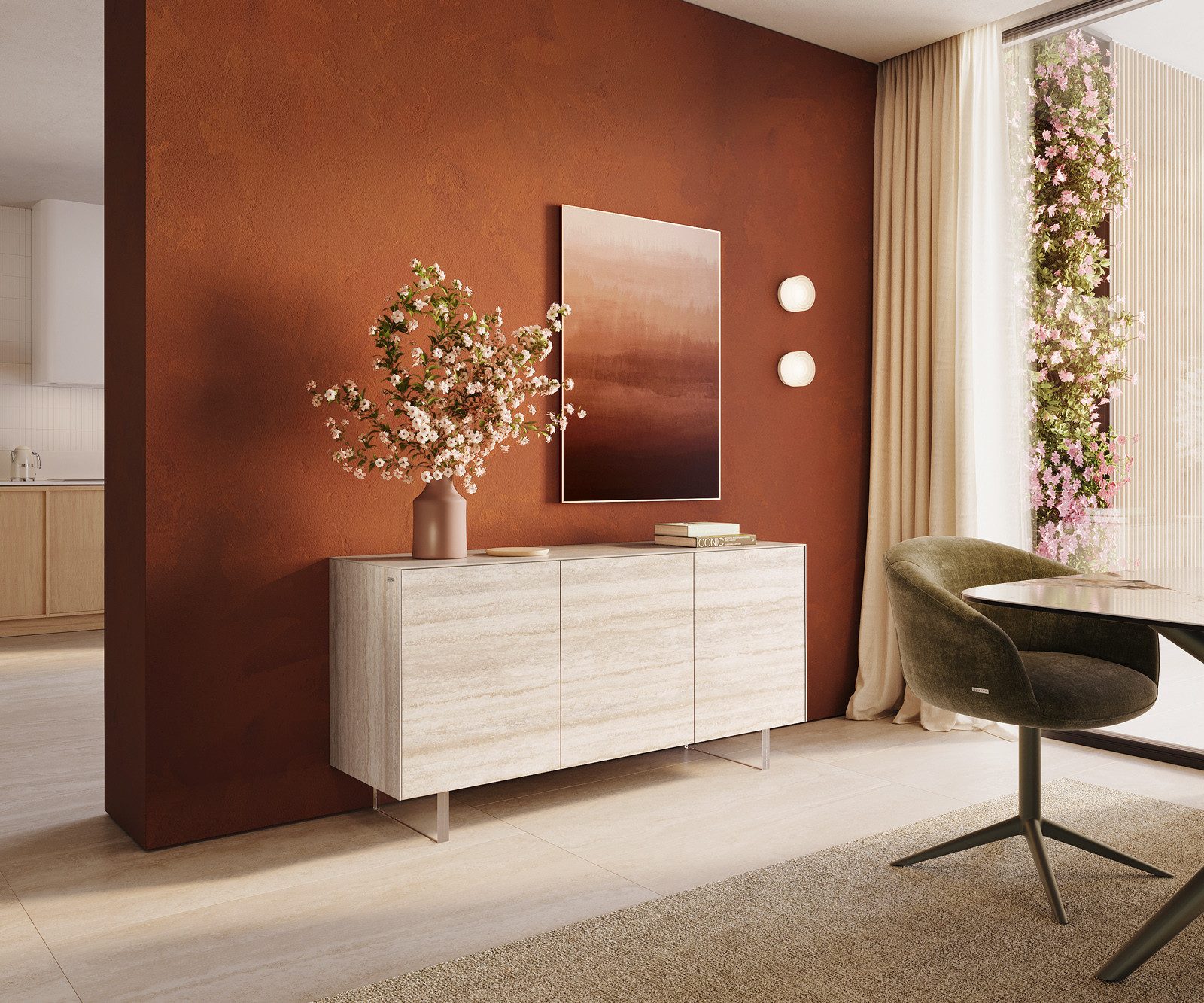 DELIFE Sideboard Cuor, Keramik Laminam® Travertino Bianco Creme-Weiß 150 cm 3 Türen Fuß Schwe