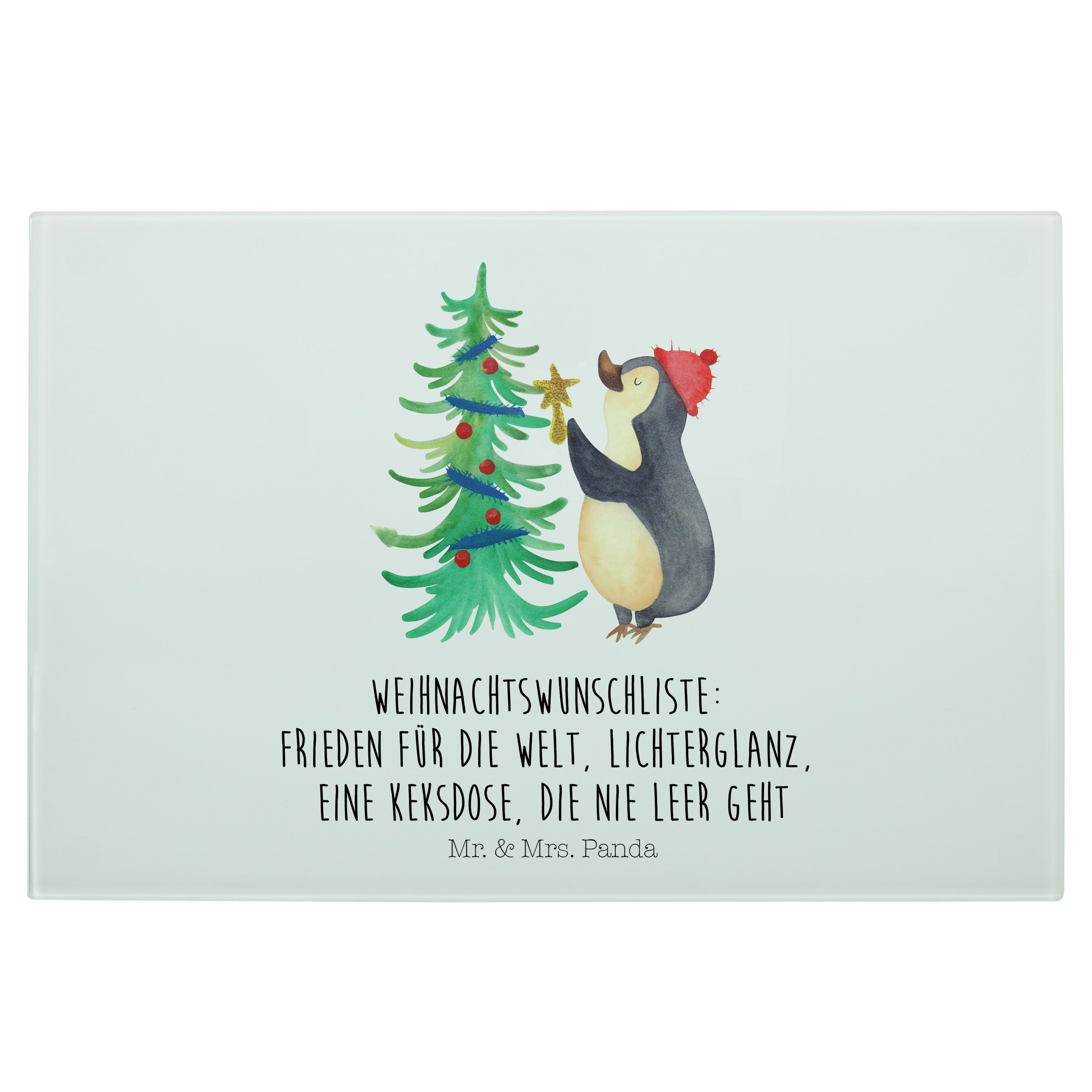Mr. & Mrs. Panda Servierbrett Pinguin Weihnachtsbaum - Weiß - Geschenk, Weihnachten, Heiligabend, W, Premium Glas, (1-St)