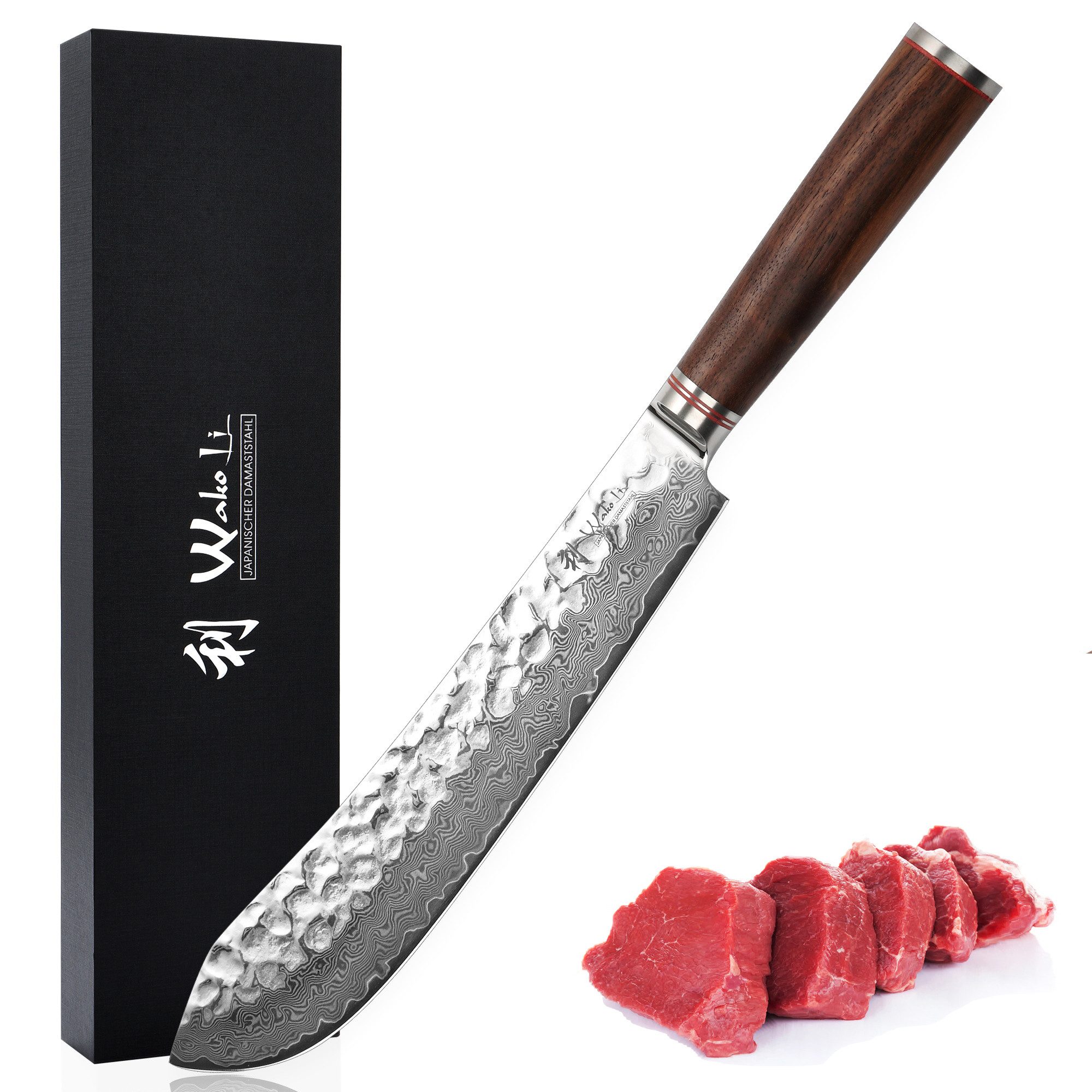 Wakoli Damastmesser Nussbaum Damast BBQ Blockmesser I 25 cm Klinge Kochmesser Küchenmesser, aus 67 Lagen Damaststahl, VG10 Kern