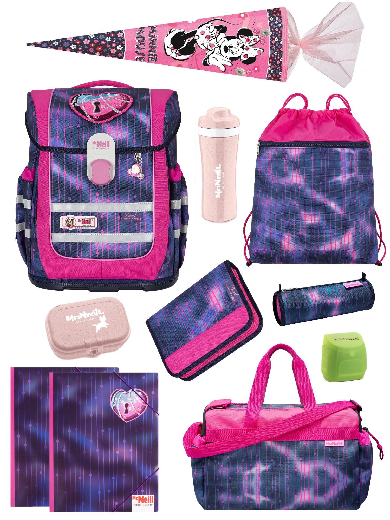 McNeill Schulranzen Ergo Complete "Pearl" Mädchen Schultasche Lila Pink ab der 1. Klasse (Set, 12-tlg., Komplett-Paket inkl. Sporttasche, Zubehör & Schultüte), ergonomisch, mit Brustgurt, verstellbar - wächst mit dem Kind mit
