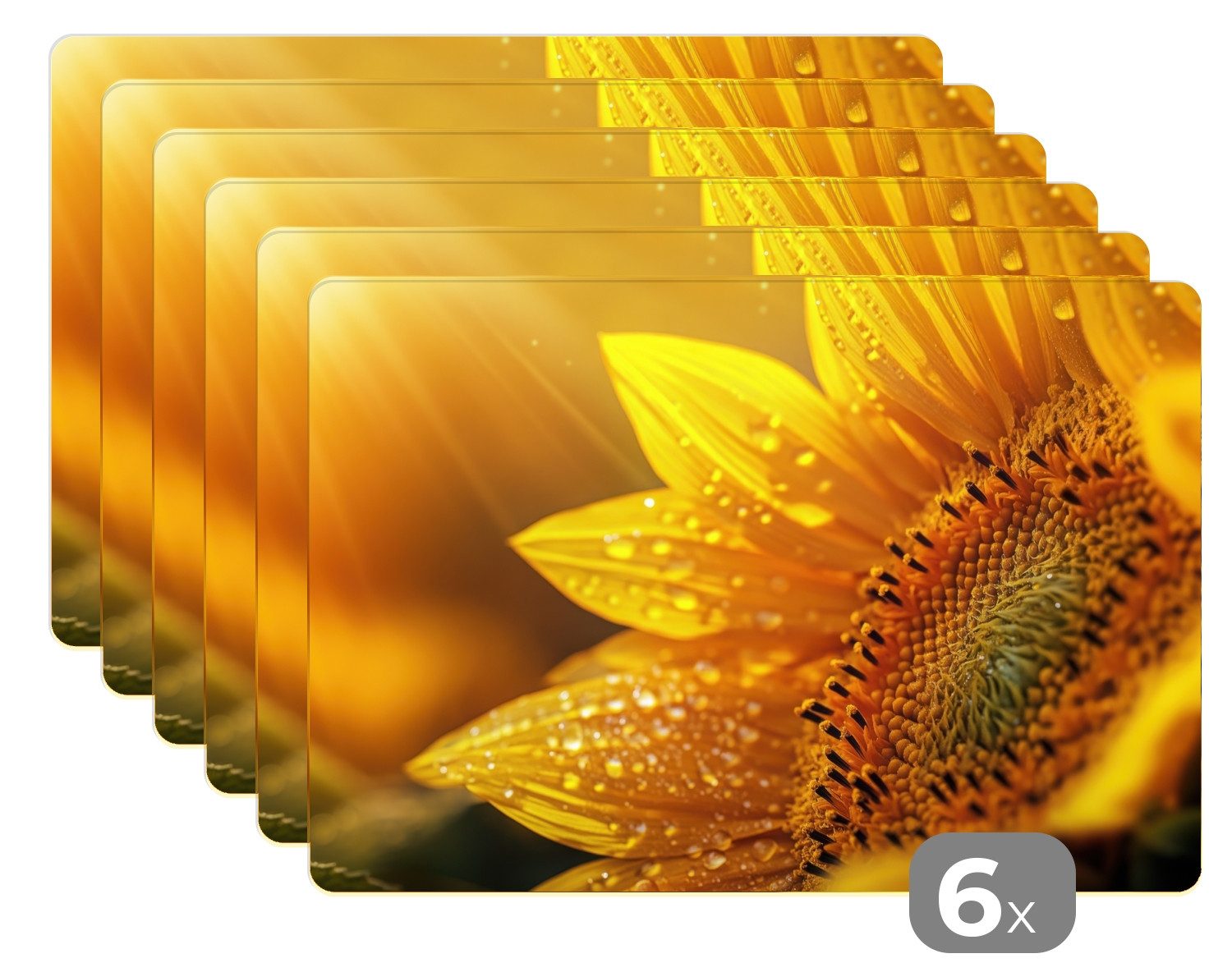 MuchoWow Platzset Sonnenblume - Tautropfen - Gelb - Sonnenlicht, (6-St), Platzsets, Tischset, Abwaschbar, Tischsets, Platzdeckchen