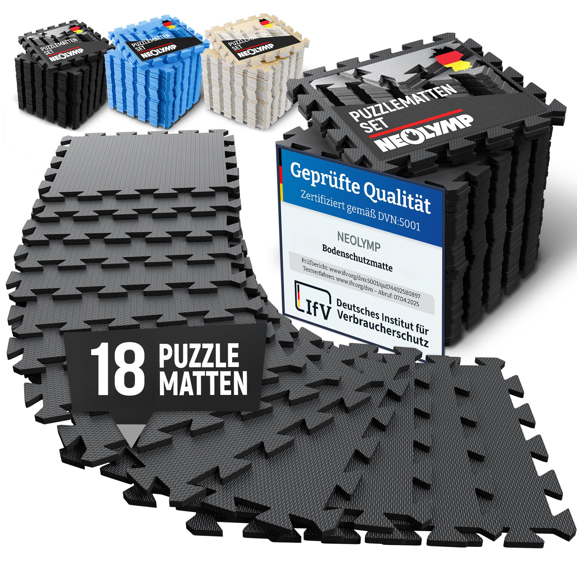 NEOLYMP Bodenmatte Robuste Bodenschutzmatte - Fitness - Schutzmatte Boden - Fitnessmatte (18 Puzzlestücke inkl. Randteile, 18 Schutzmatten Boden inklusive Randstücke - Puzzletechnik Sportmatte), Schützt Fußboden, EVA Matte, Studioqualität, Anti-Rutsch