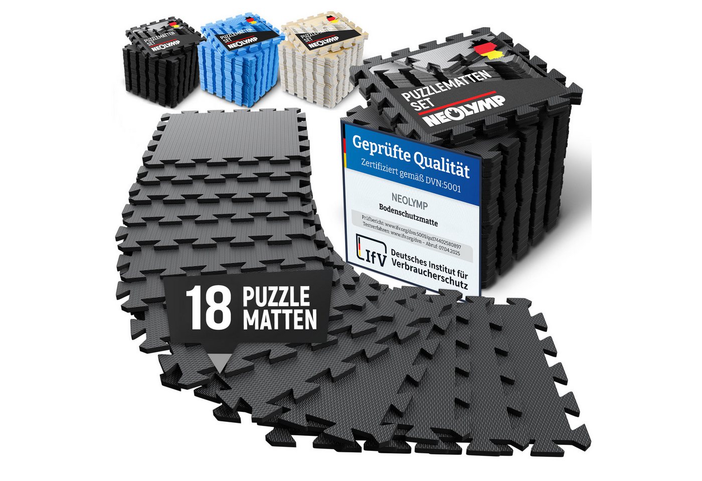 NEOLYMP Bodenmatte Robuste Bodenschutzmatte - Fitness - Schutzmatte Boden - Fitnessmatte (18 Puzzlestücke inkl. Randteile, 18 Schutzmatten Boden inklusive Randstücke - Puzzletechnik Sportmatte), Schützt Fußboden, EVA Matte, Studioqualität, Anti-Rutsch