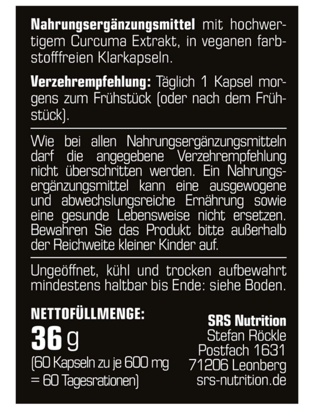 SRS NUTRITION SRS Nutrition Curcuma 95 Extrakt ultra-mikronisiert Kapseln, 36 g, 30-fach konzentrierter als Curcuma-Gewürz