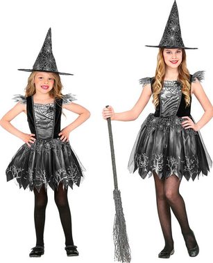 Karneval-Klamotten Hexen-Kostüm schwarz silber Hexenkleid mit Hexenhut Kinder, Kinderkostüm Mädchenkostüm Halloween Kleid mit Hut