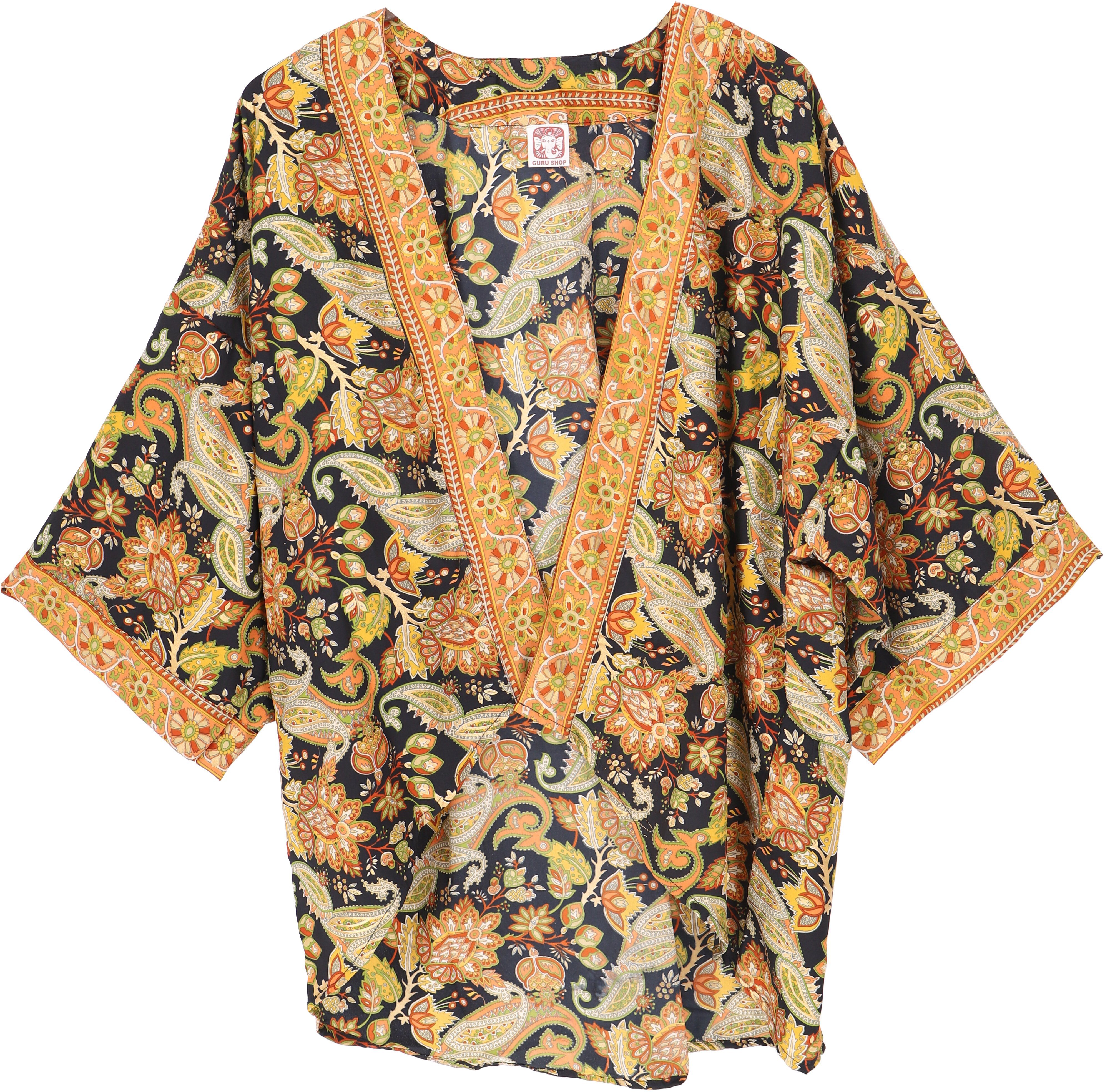 Guru-Shop Kimono Kurzer Kimono, Boho Kimono, offener Kimono -.., alternative Bekleidung schwarz/orange
