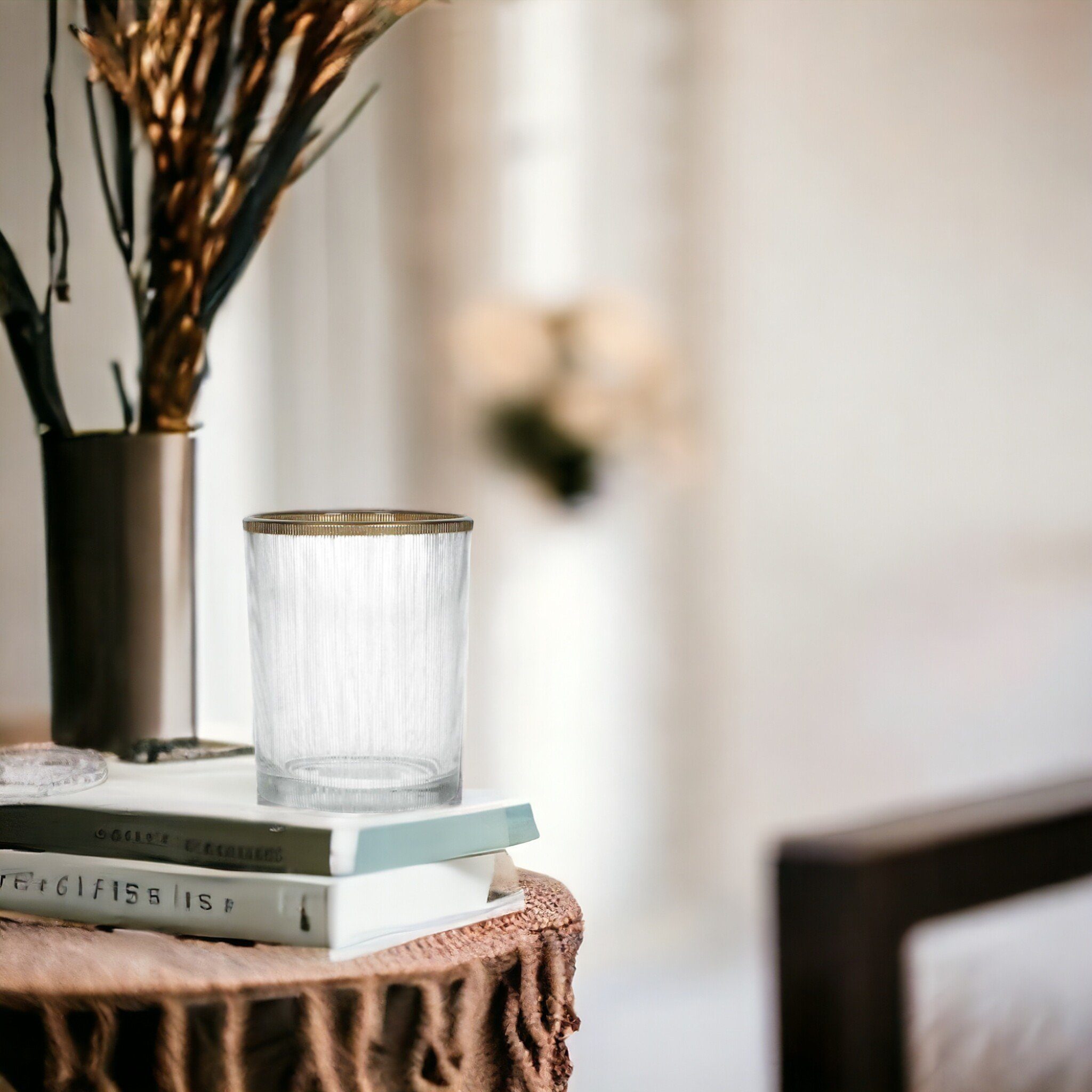 Kersten BV Kerzenhalter Glas Goldrand Teelicht Windlicht Gold Geriffelt Klar 10cm Rustikal