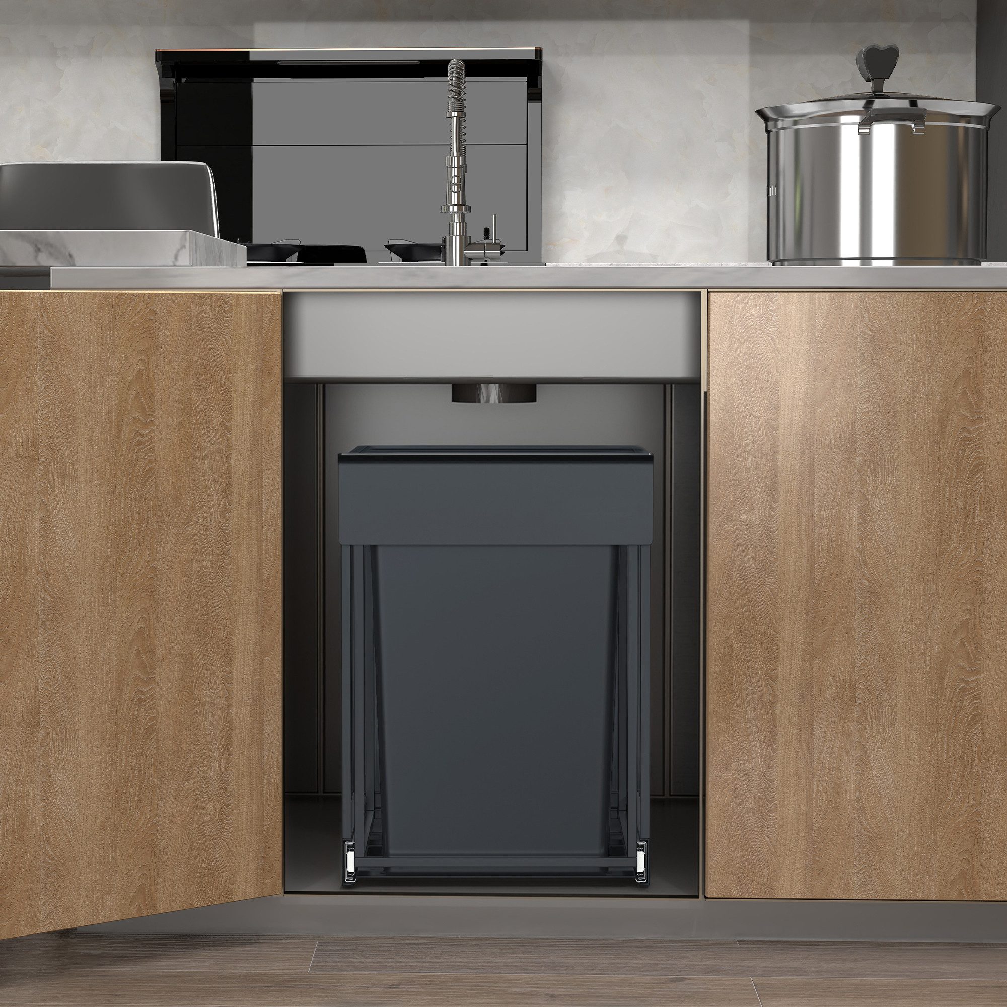 SONGMICS Mülleimer Mülltrennsystem für Unterschrank, Abfalleimer 2 Fächer, ausziehbar, Stahlrahmen, ABS-Deckel, 2 x 15 L – Bild 5 von 5