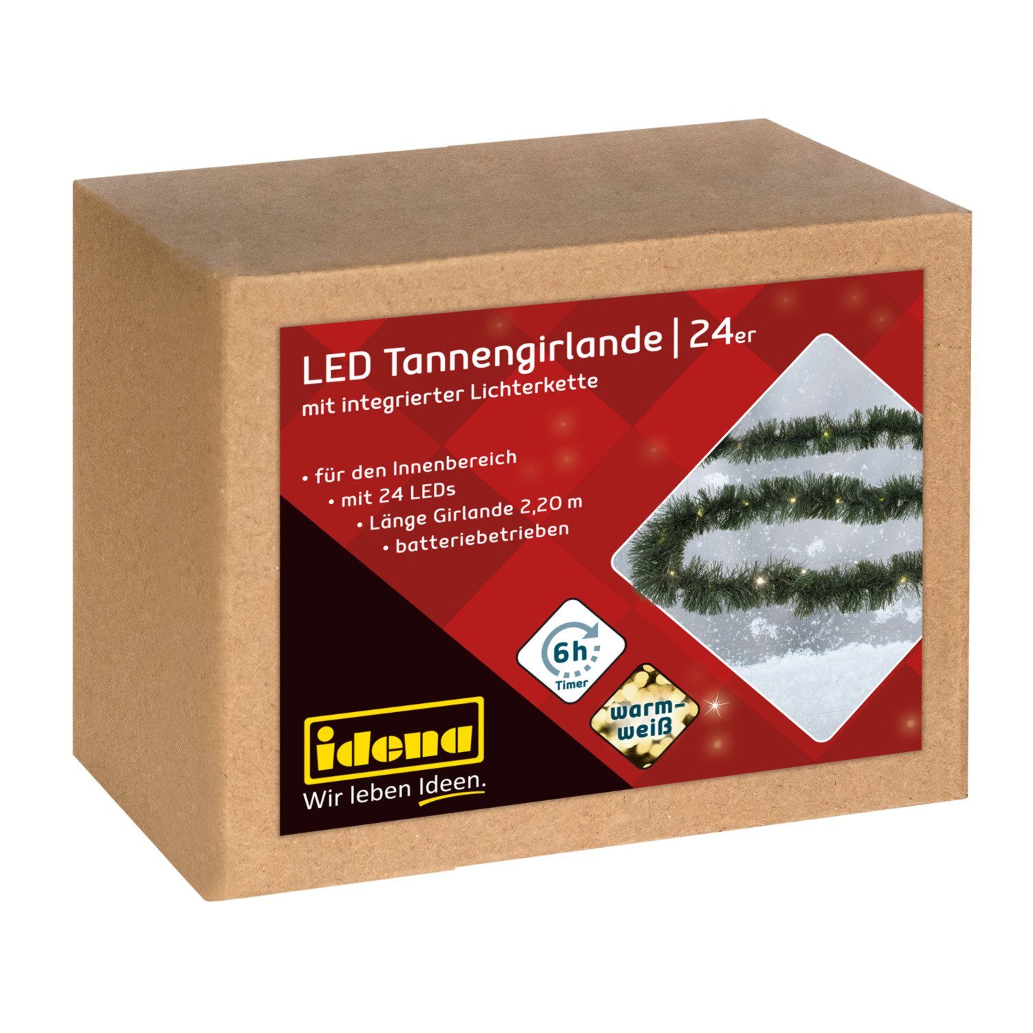 Idena LED-Girlande Idena 31345 - LED Tannengirlande mit 24 LEDs in Warmweiß, mit 6 Stunde