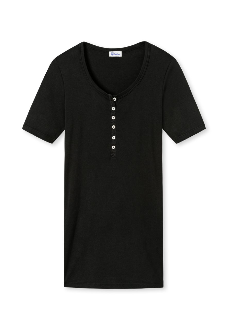 SCHIESSER REVIVAL Unterhemd Berta Shirt Perlmuttknöpfen Button Black mit Knopfleiste