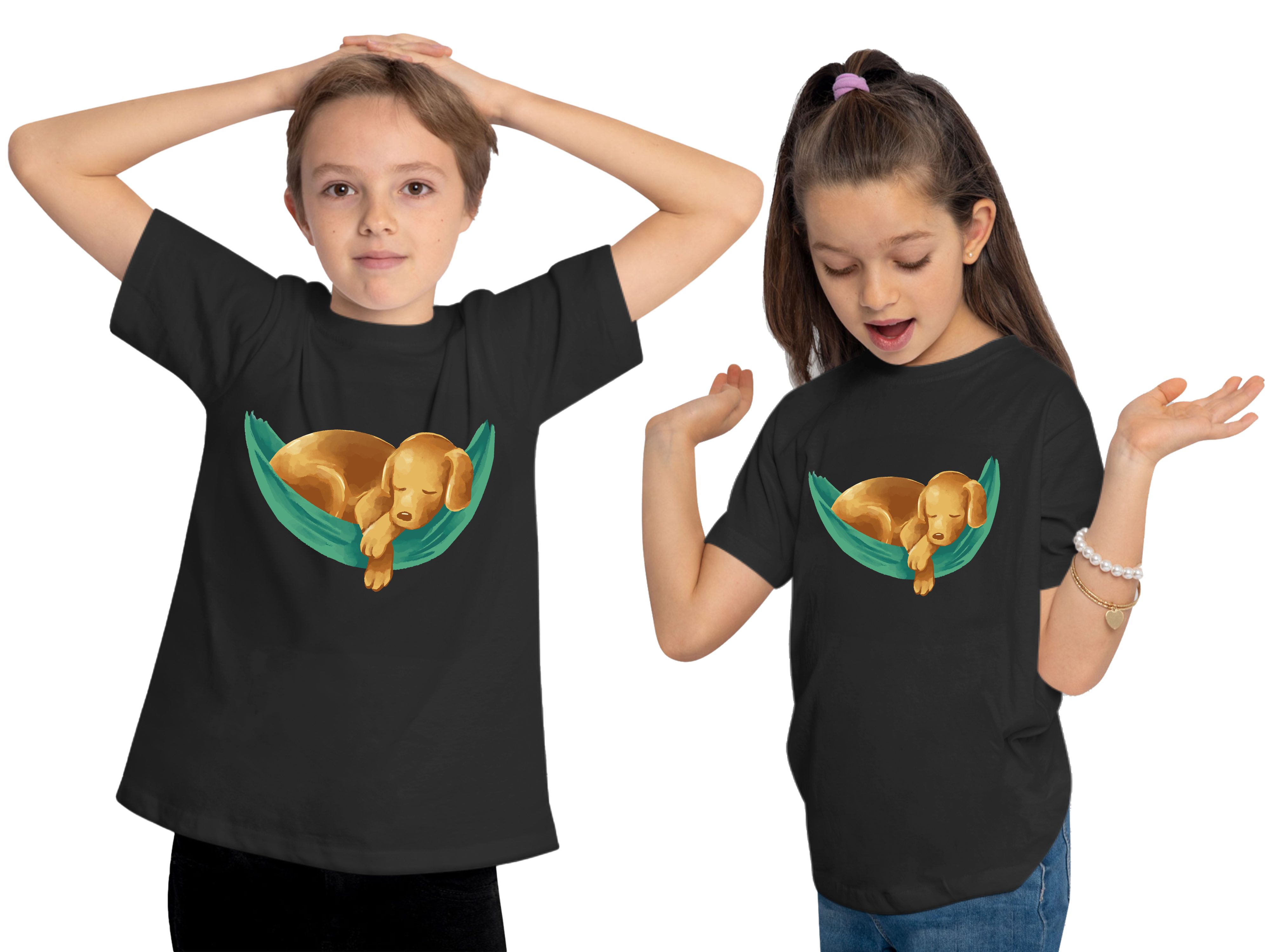 MyDesign24 T-Shirt Kinder Hunde bedruckt in Aufdruck, Shirt i245 - Baumwollshirt schwarz mit Print Labrador Welpe Hängematte