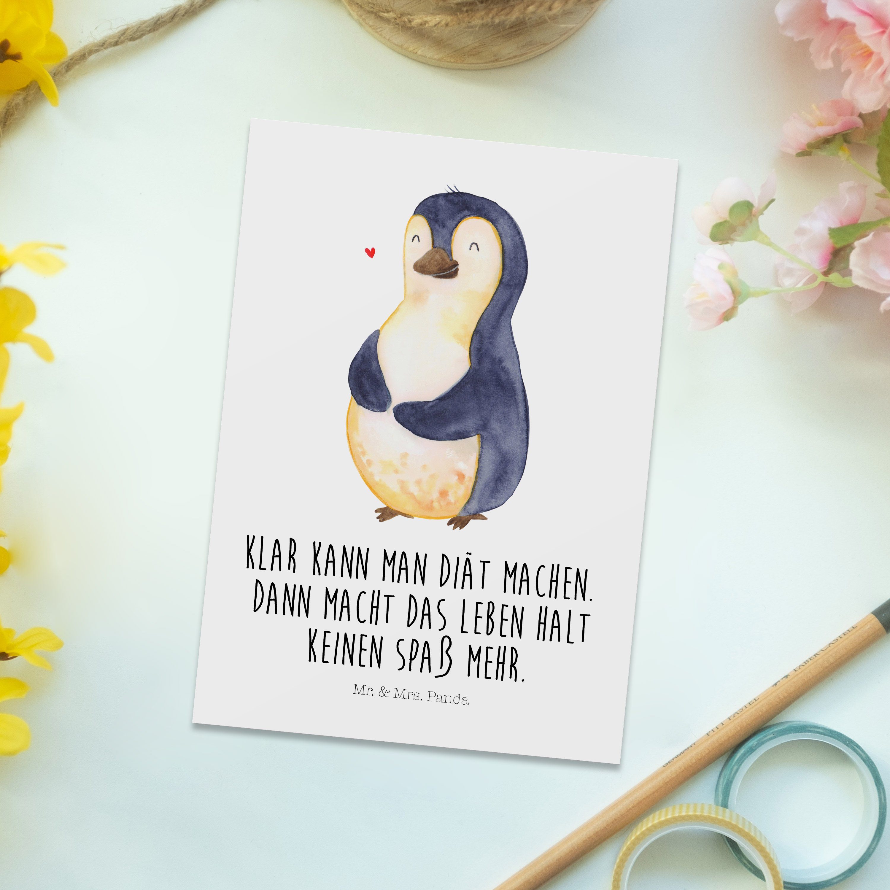 Geschenk, Weiß Mr. Panda Postkarte Diät - & Motivation, - Geburtstagskart Pinguin Abnehmen, Mrs.