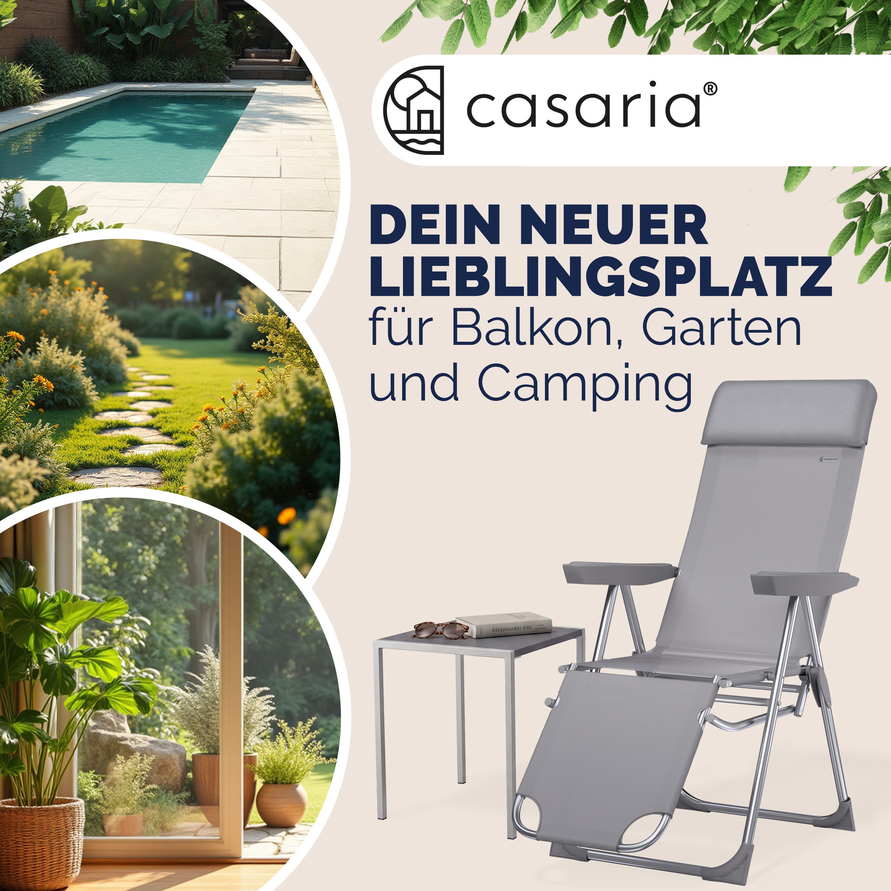 Casaria Gartenstuhl (2 St), 2er Set Hochlehner 6fach Verstellbar Liegefunktion Alu Klappbar Grau