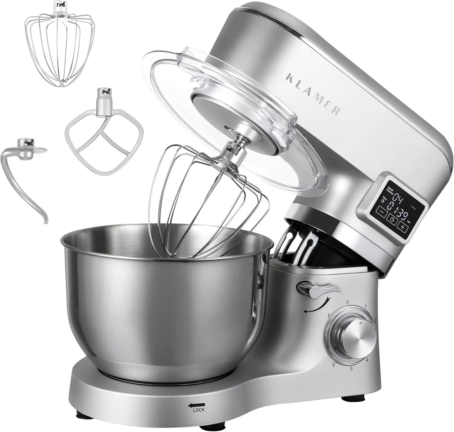 KLAMER Küchenmaschine 1400W, Knetmaschine mit 5,5 Liter Edelstahl Schüssel, 6 Geschwindigkeitsstufen mit Timer, Rührbesen, Knethaken, Schneebesen und Spritzschutz, silber, 1400 W, 5,5 l Schüssel, Spritzschutz, 3 Aufsätze, Saugfüße, digitales Display, Time