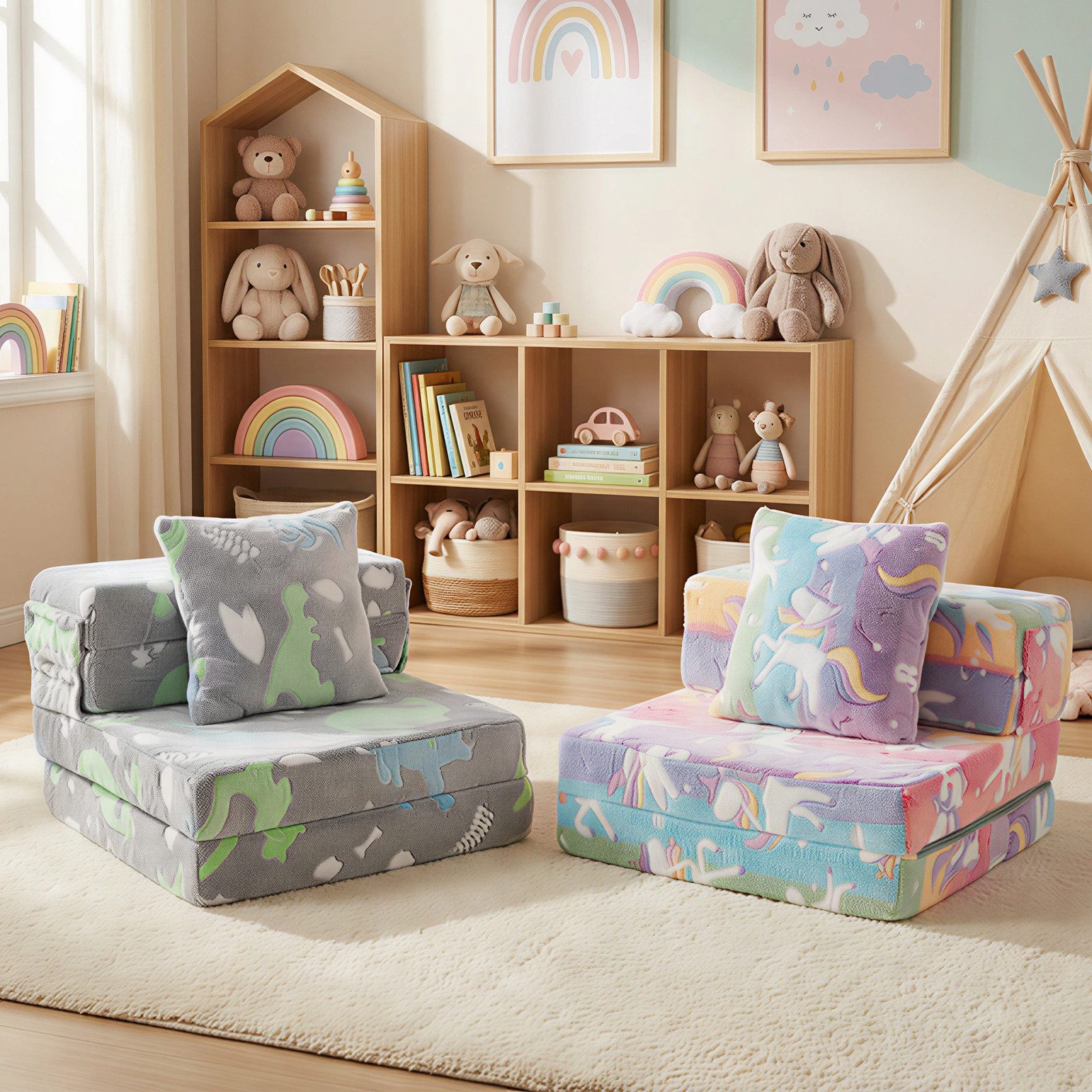 COSTWAY Kindersofa, 3-in-1 Klappsofa-Bett mit abnehmbaren Bezügen, Kissen