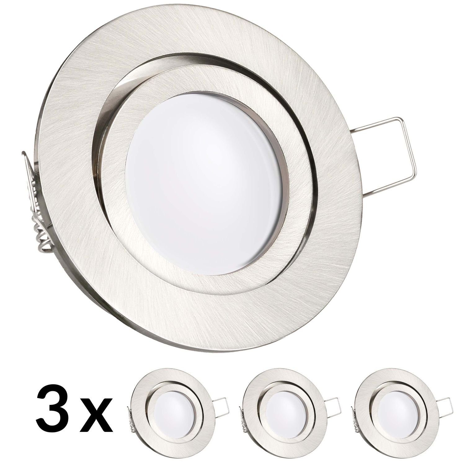 LEDANDO LED Einbaustrahler 3er LED Einbaustrahler Set extra flach in edelstahl / silber gebürstet