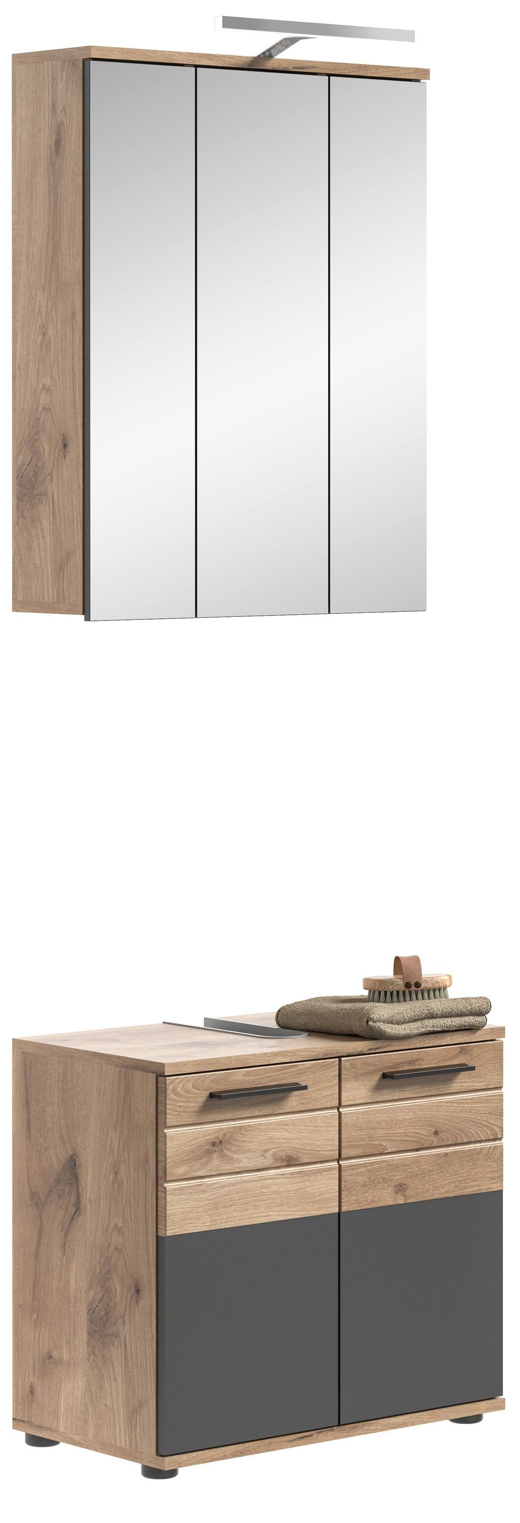 xonox.home Badezimmer-Set, (3tlg. Set bestehend aus Wacshtisch, Spiegelschrank, Badaufsatzleuchte), Nox Oak Nachbildung Basalt Grau Siphonausschnitt Melamin 60x190x34 cm