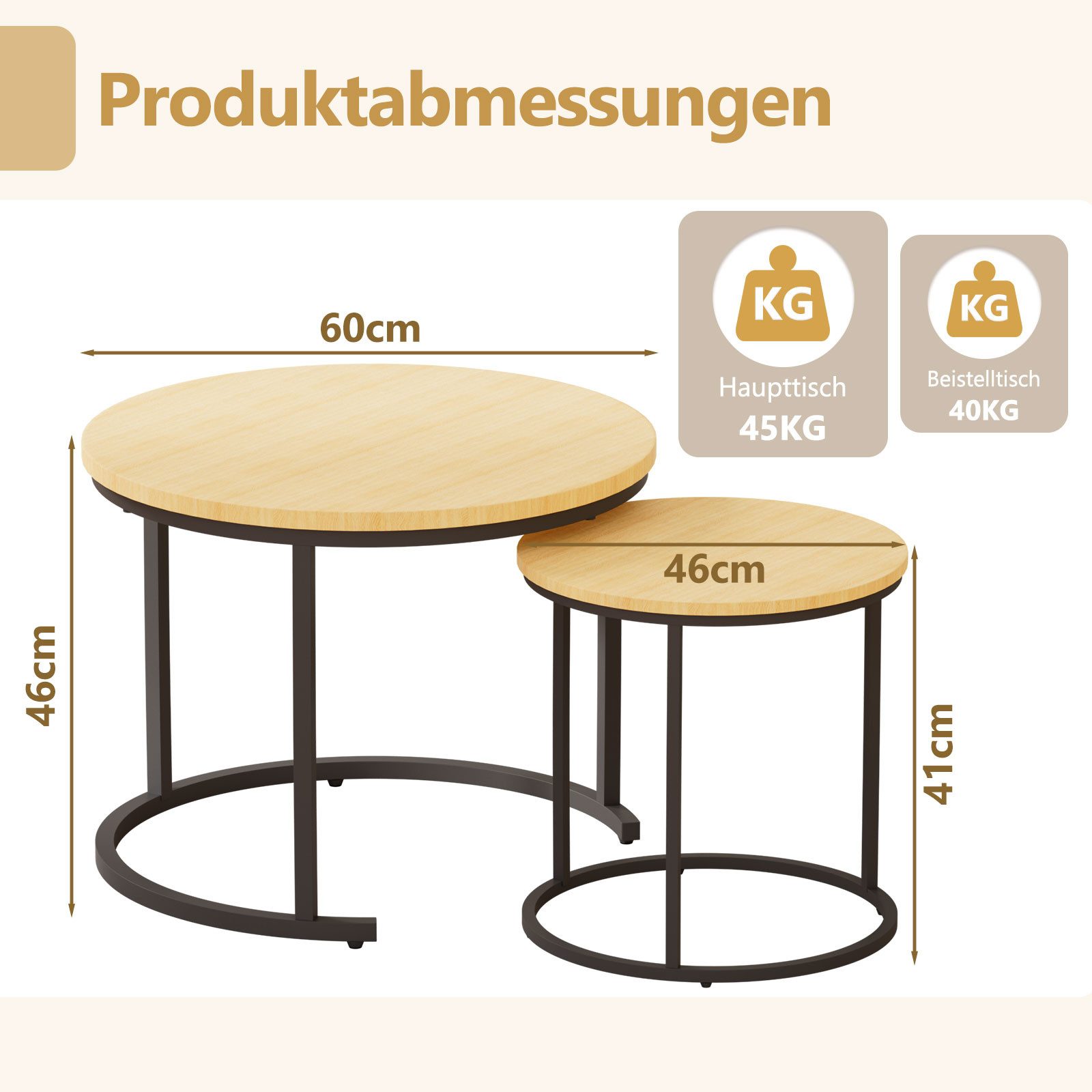 Yorbay Couchtisch 2er Set Runde Beistelltische aus Holz & Metall Moderne Ka günstig online kaufen