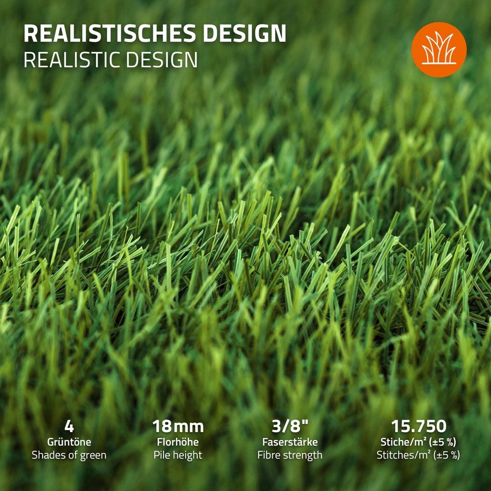 ECD Germany Kunstrasen Rasenteppich Kunstrasen-Rolle Grasmatte Meterware Kunstgras Wetterfest, Höhe: 20 mm, 100x100 cm 1m² 18mm Outdoor UV-beständig für Balkon  – Bild 4 von 5