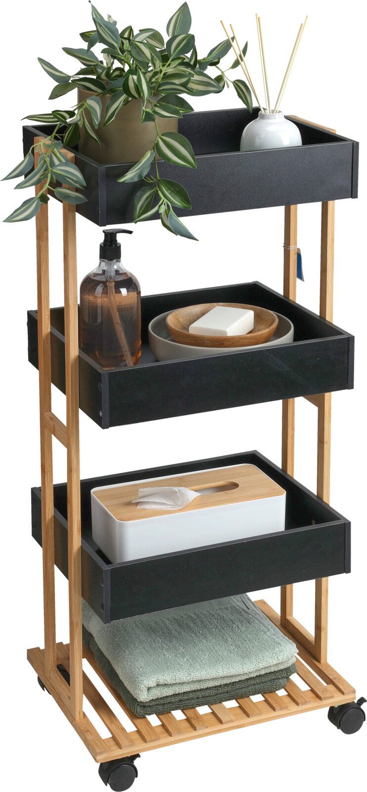 Koopman Badregal Rollwagen Etagenregal Bambus 84cm Schwarz Ablage Bad, 1-tl günstig online kaufen