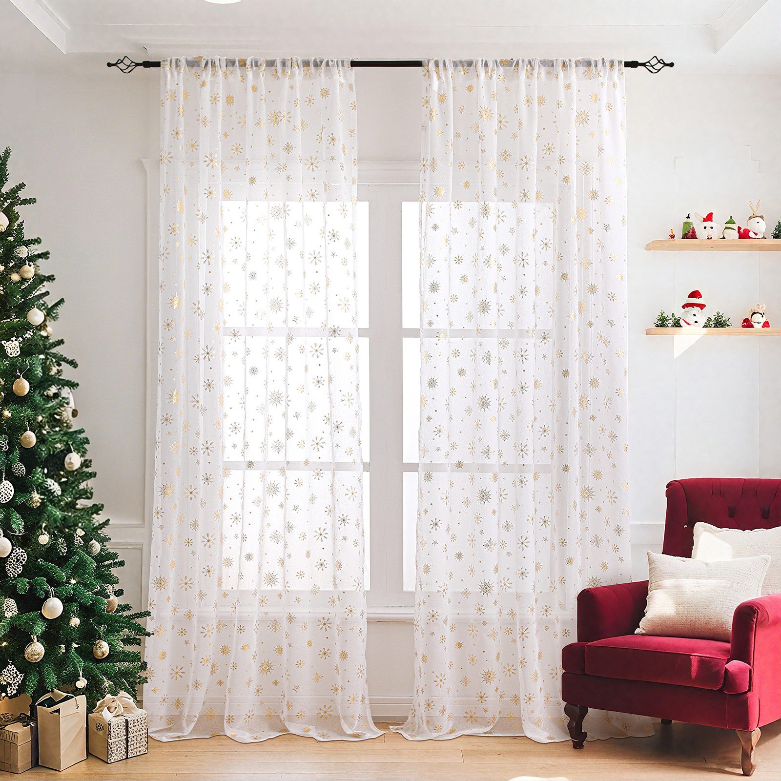 BTTO V&G Gardine Voile Gardinen Weihnachtsdeko,Weihnachten Vorhang Schneeflocke (2 St), halbtransparent, für Wohnzimmer, Schlafzimmer, Partydekoration, Hotel, Restaurant
