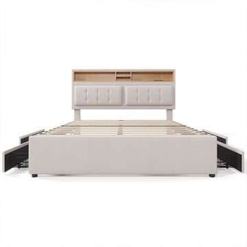 XDeer Polsterbett Doppelbett mit 4 Schubladen& USB C Steckdose Polsterbett, Höhenverstellbarem Kopfteil (Ohne Matratze) 140x200cm