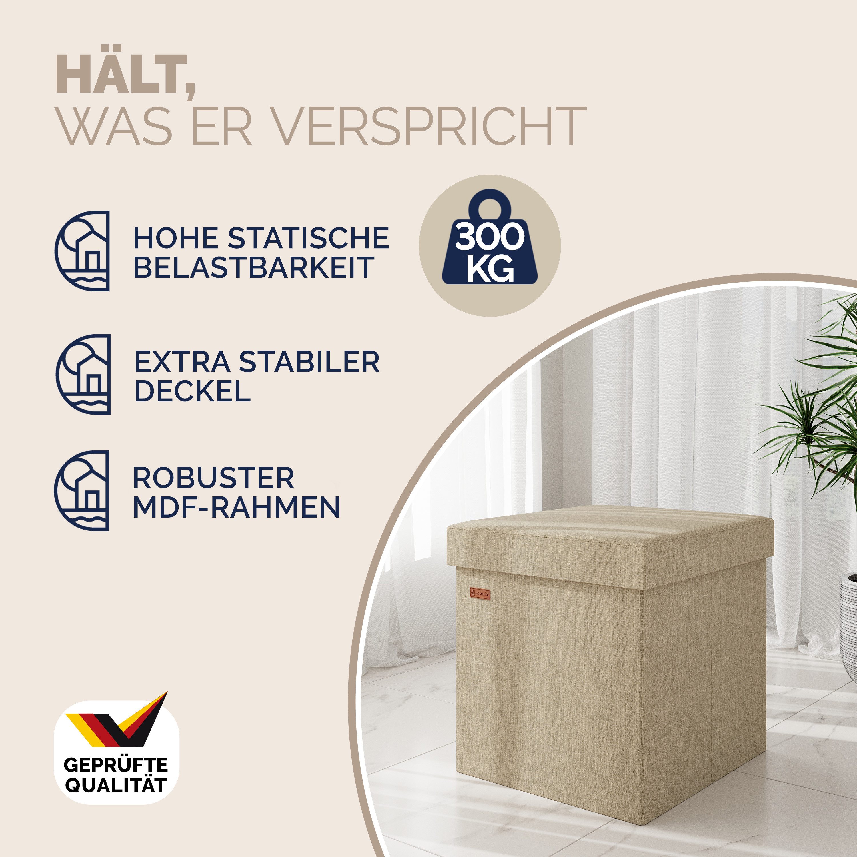 Casaria Sitzhocker, mit Stauraum Beige Faltbar Deckel Stoff Gepolstert 38x38x38cm Klein