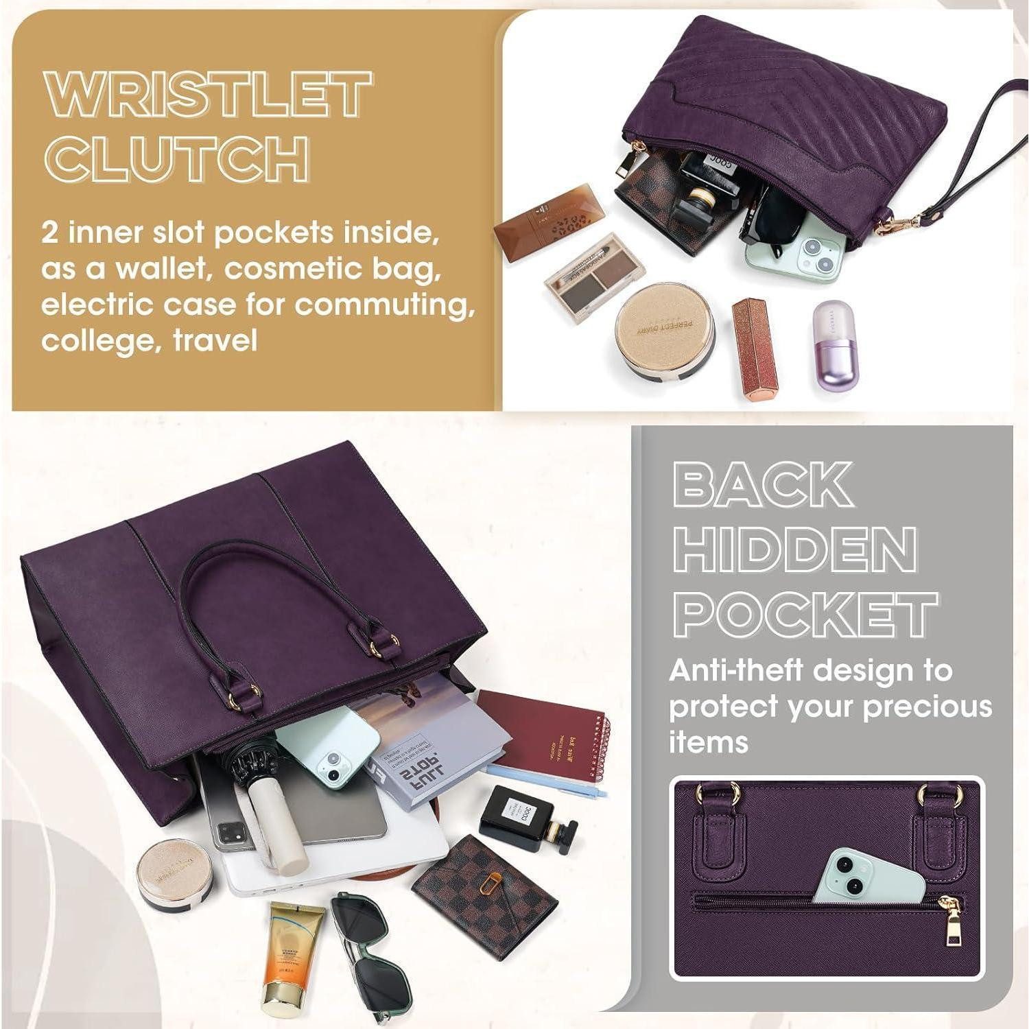 LuxusKollektion Laptoptasche Handtasche Damen 15Zoll Laptoptasche Shopper Leder Dunkelviolett