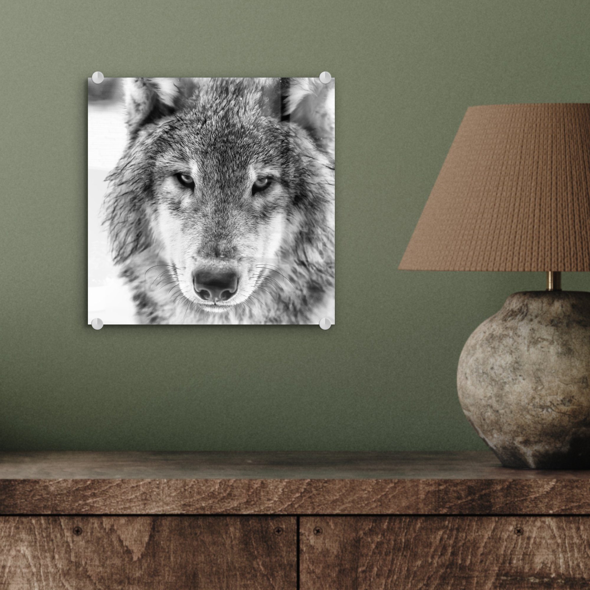 MuchoWow Acrylglasbild Wolf im St), und Bilder Wanddekoration - Wandbild Schwarz - in - (1 auf Glas auf Foto Glasbilder Winter Glas Weiß