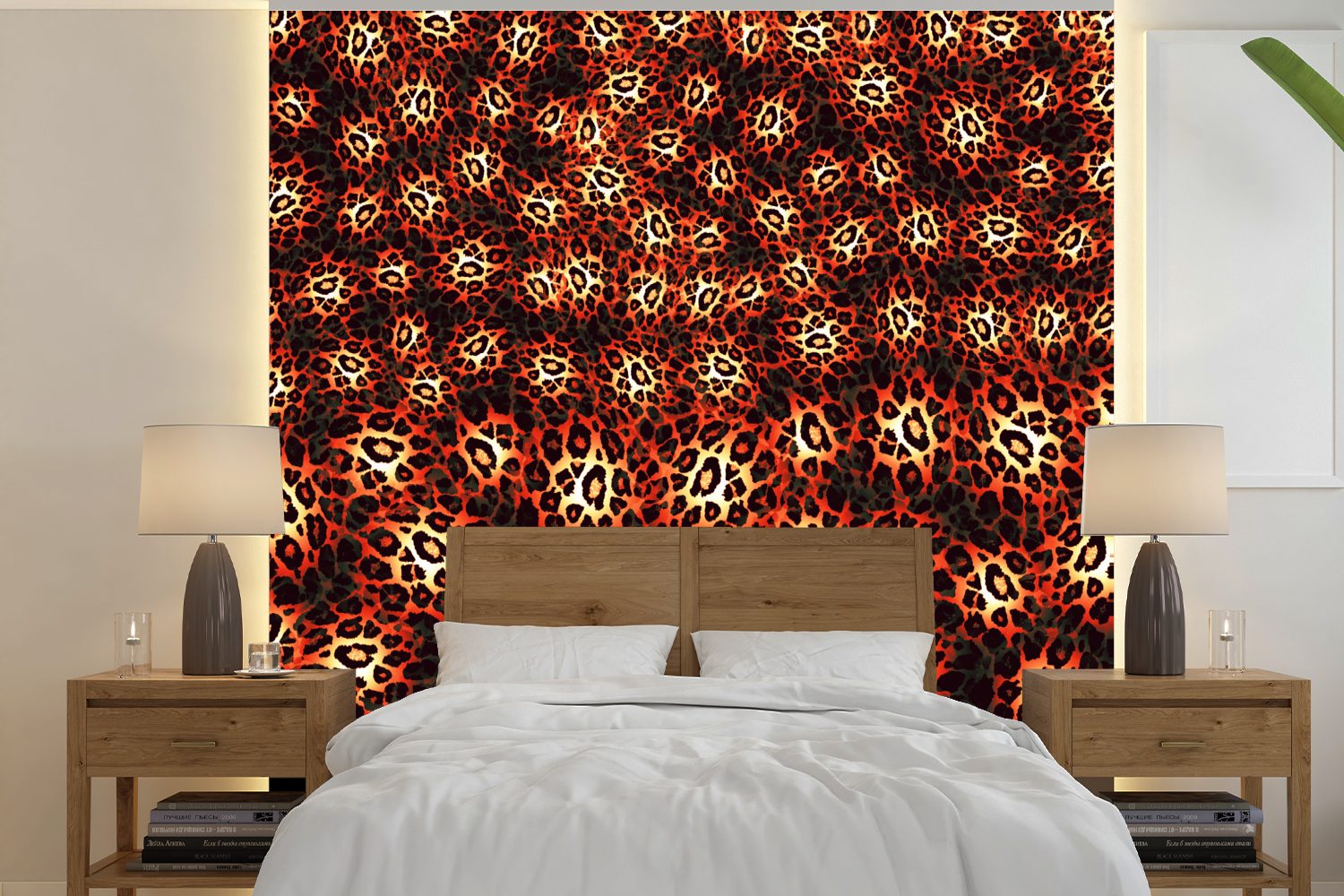 MuchoWow Fototapete Leopard - Muster - Orange, Matt, bedruckt, (5 St), Vinyl Tapete für Wohnzimmer oder Schlafzimmer, Wandtapete