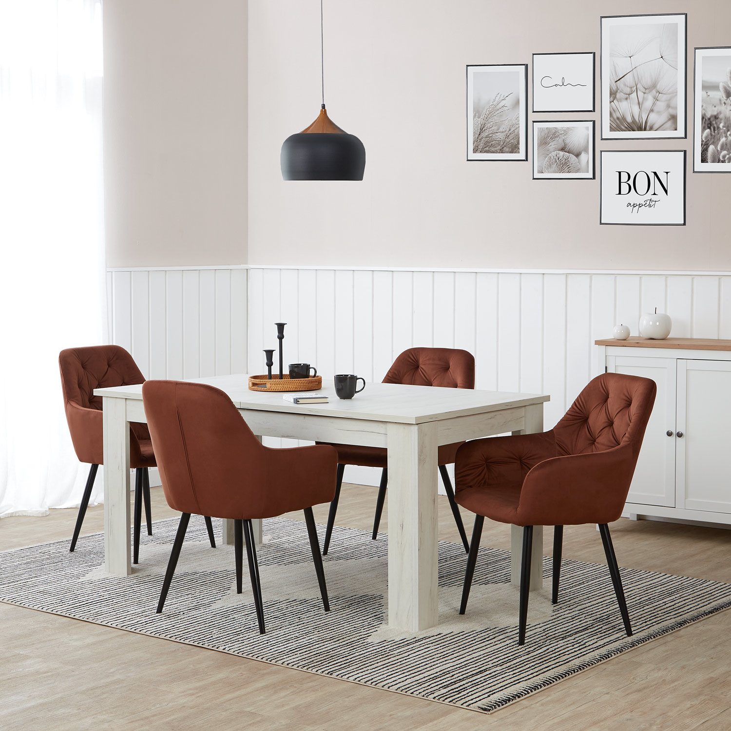 Homestyle4u Essgruppe Esstisch 90x160 bis 90x200 erweiterbar mit 4 Stühle Braun Samt Weiß, (Set, Esszimmergruppe 5 teilig, 5-tlg., Esszimmergruppe 5 teilig, Set/Komplettset), Shabby