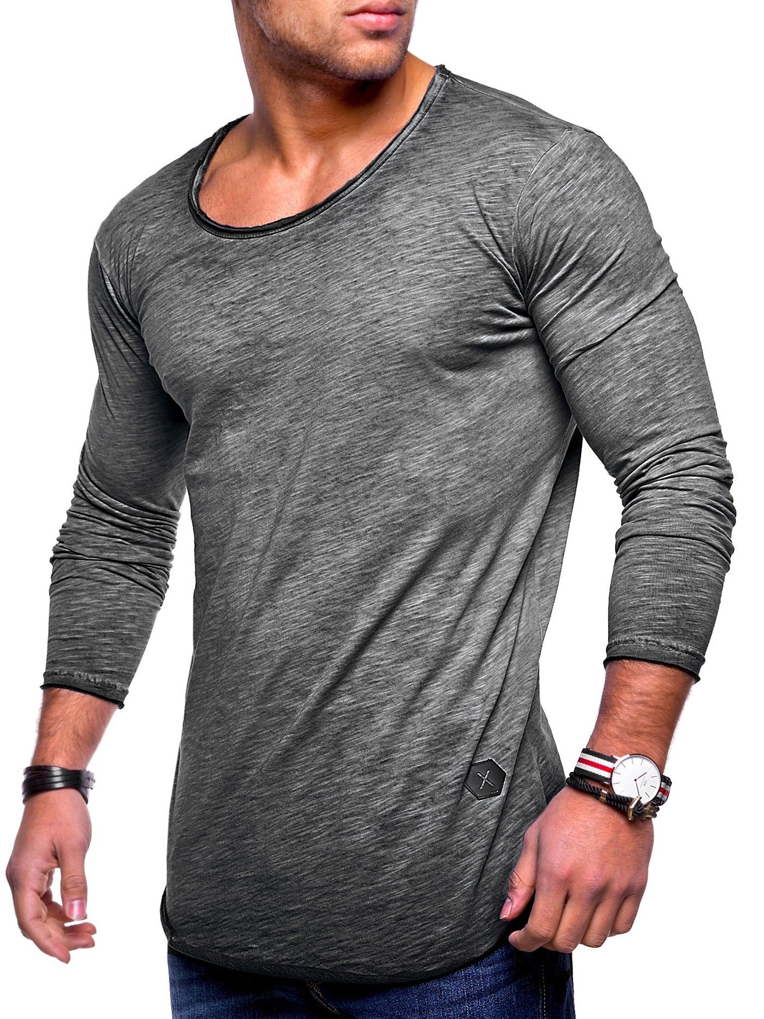 behype Langarmshirt Dust L/S mit dunkelgrau weitem Halsausschnitt