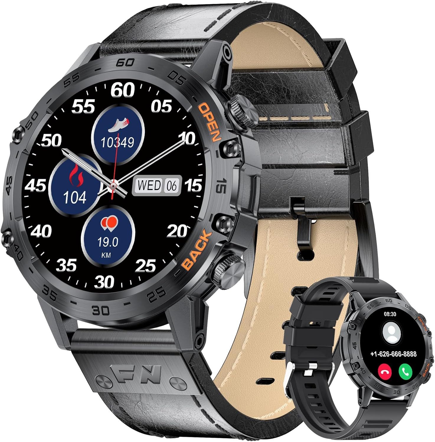 FoxBox Herren's IP68 Wasserdicht Fitnessuhr Telefonfunktion HD Smartwatch (1.39 Zoll, Android/iOS), mit Herzfrequenzmonitor Schlafmonitor 100+ Sportmodi Sportuhr