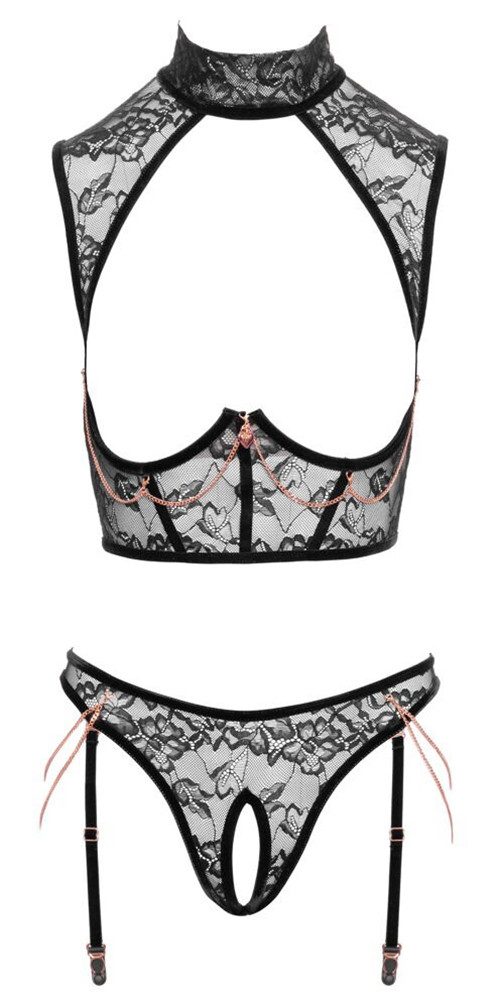 Abierta Fina Set: Bügel-BH Ouvert-Set: BH-Top & String mit Strumpfhaltern und Ketten - schwarz (2-tlg) Roségoldfarbene Ketten abnehmbar