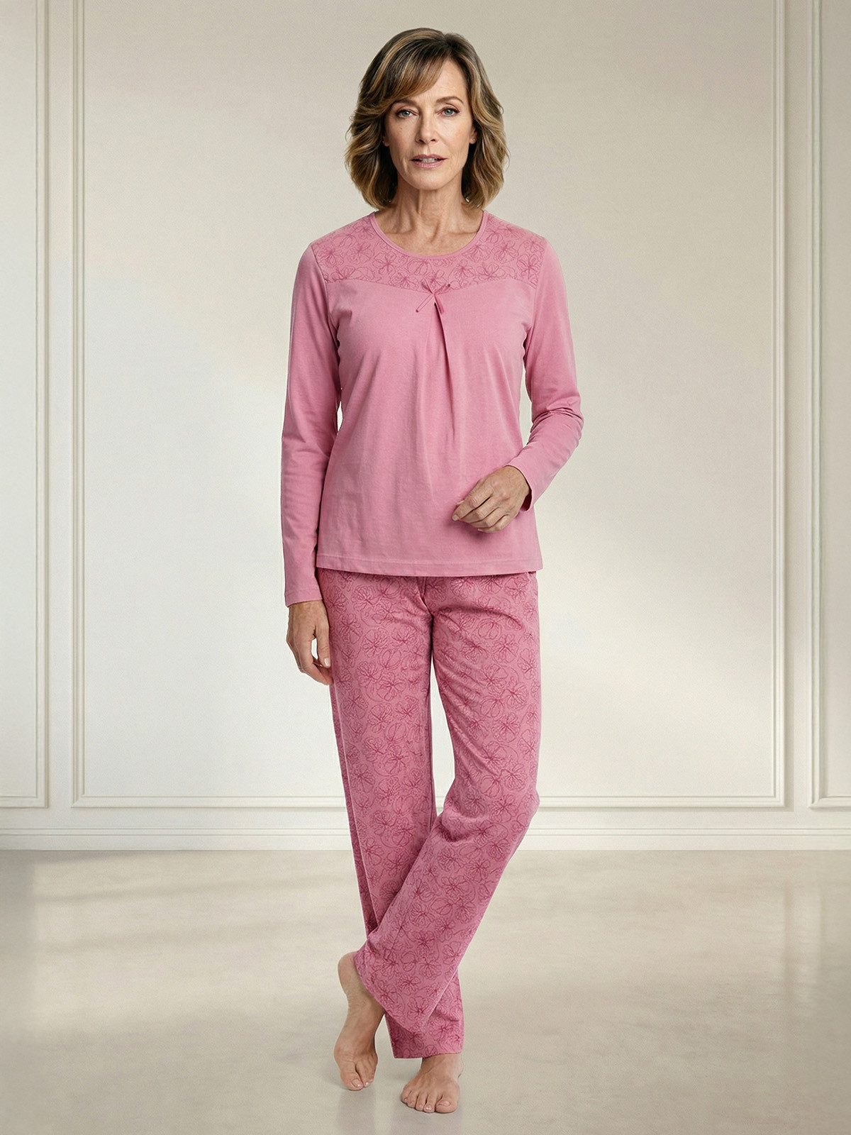 zeitlos Pyjama Blüten Kellerfalte langarm Schlafanzug