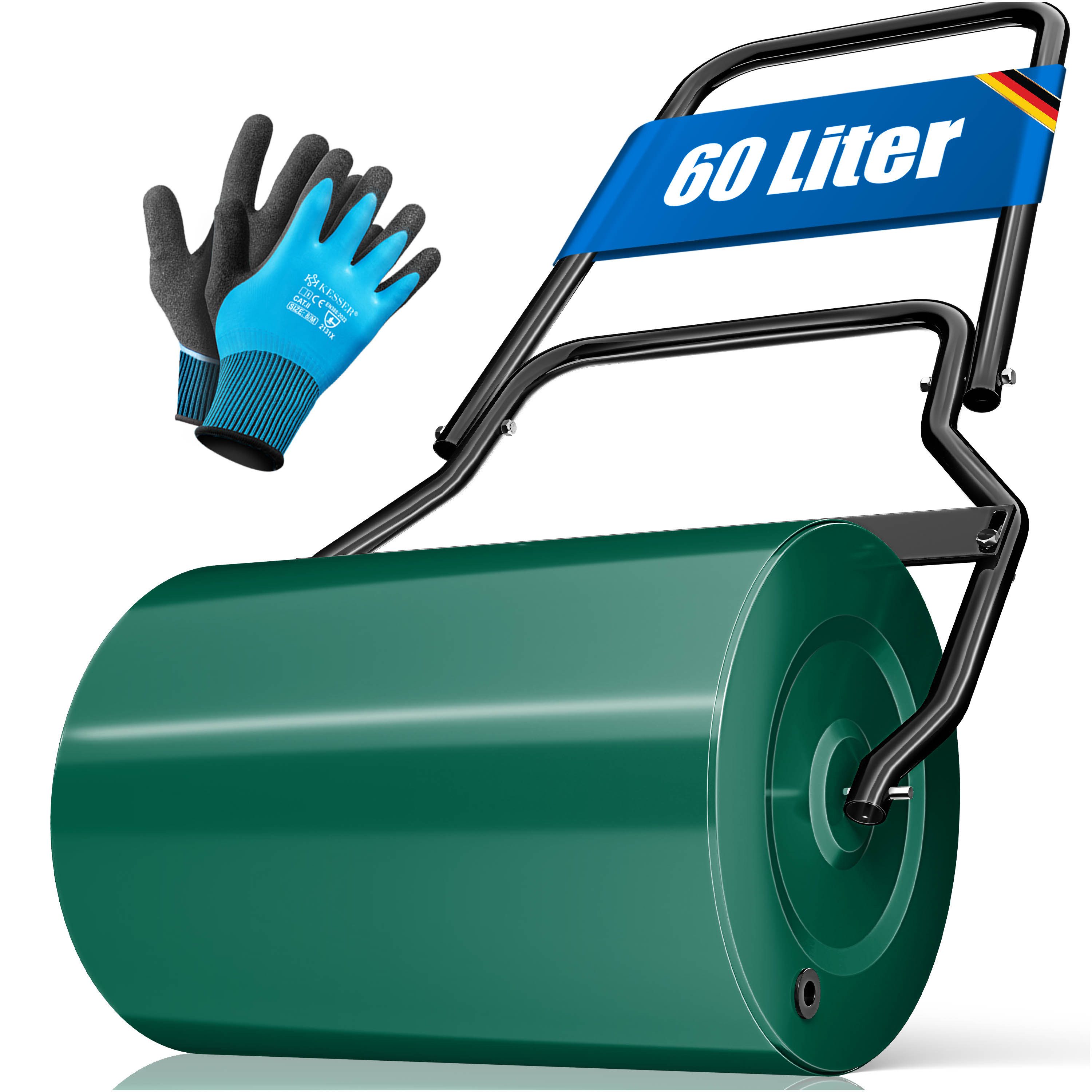 KESSER Rasenwalze Metall befüllbar mit Wasser oder Sand, Rasenroller inklusive Handschuhe,Gartenwalze mit 60 Liter Füllvolumen / 50 cm breit Handwalze