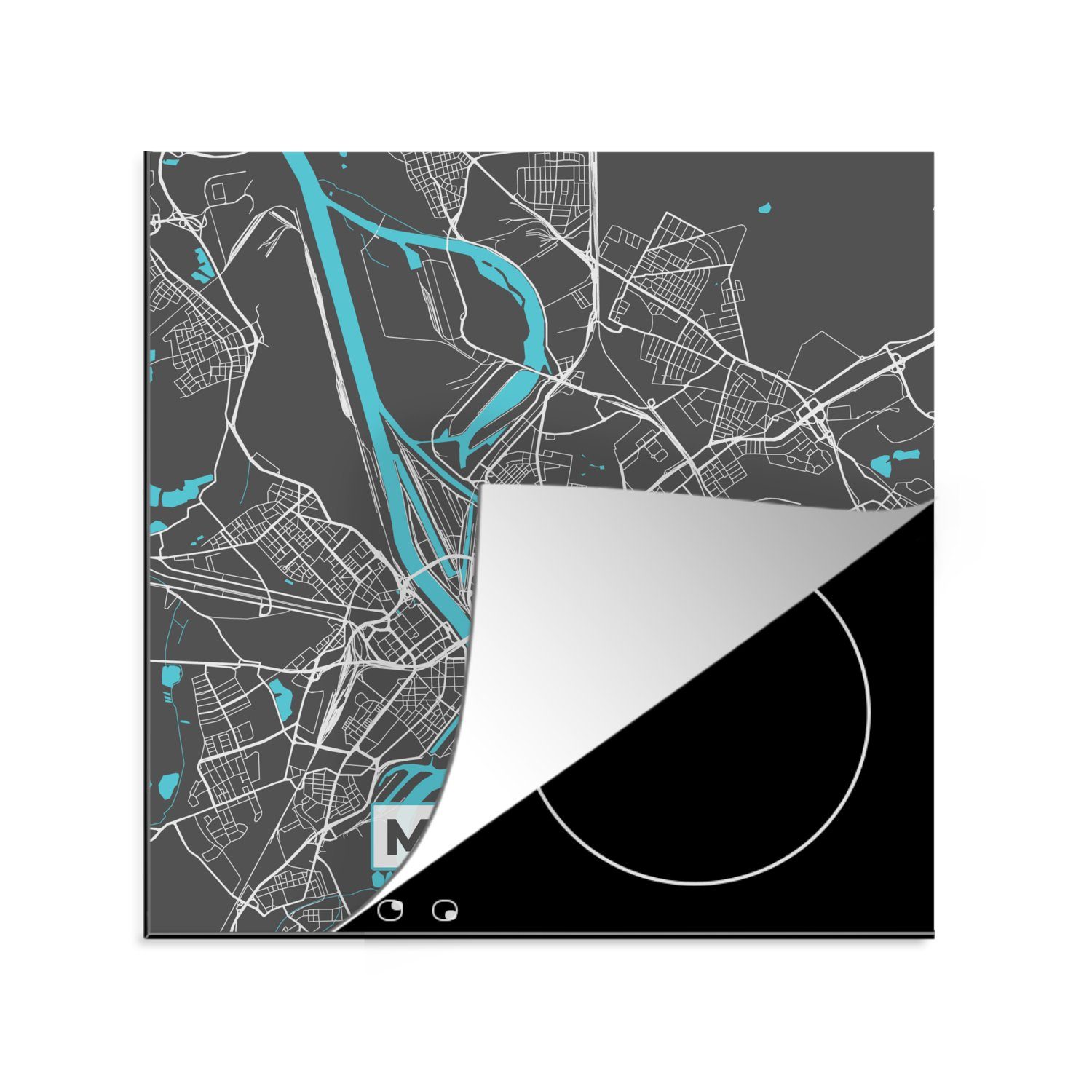 MuchoWow Herdblende-/Abdeckplatte Stadtplan - Deutschland - Blau - Mannheim - Karte, Vinyl, (1 tlg), 78x78 cm, Ceranfeldabdeckung, Arbeitsplatte für küche