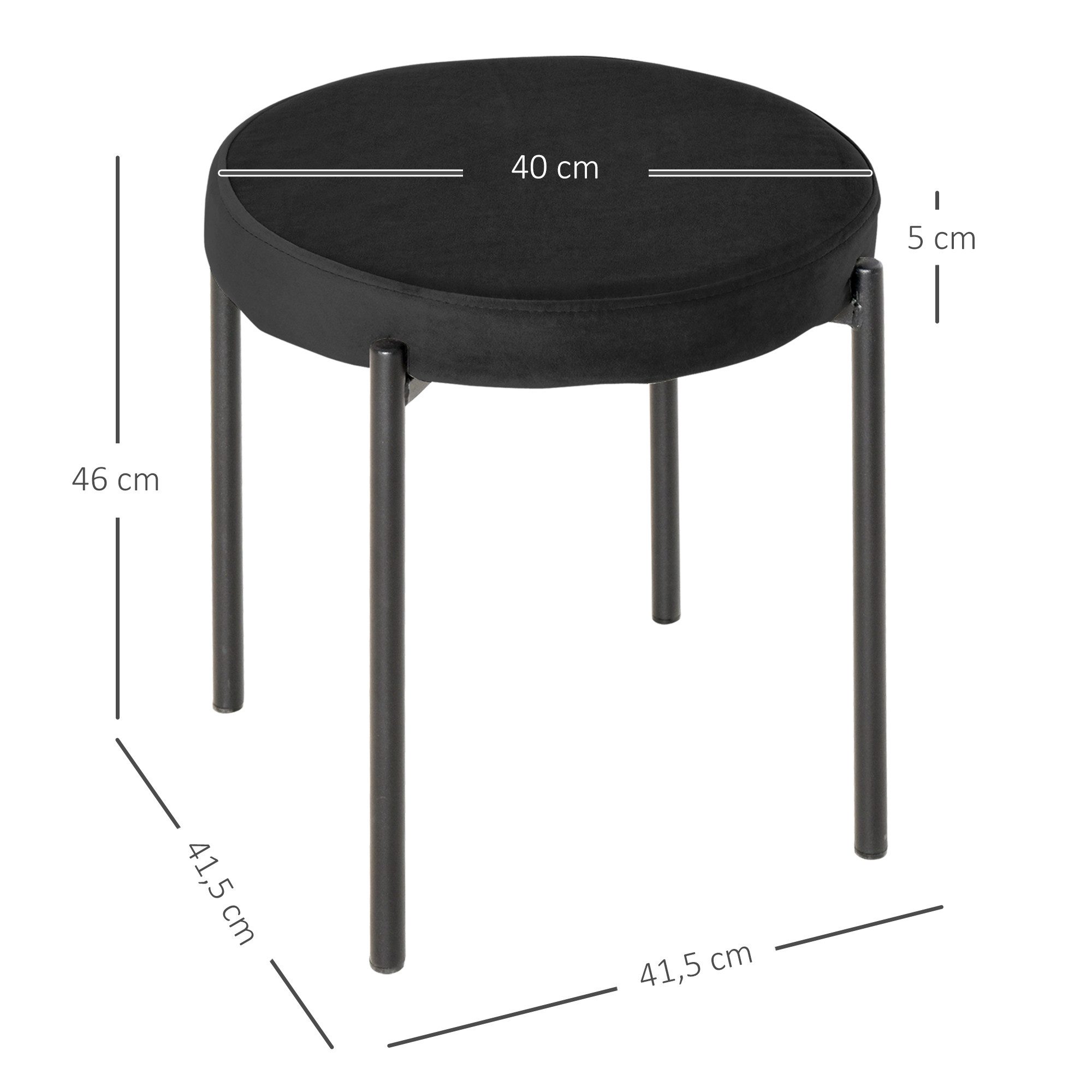 HOMCOM Esszimmerstuhl Stapelhocker Polsterhocker aus Metall Wohnzimmer (Rundhocker, 4 St), für Küche Esszimmer Samt Schwarz 41,5 x 41,5 x 46 cm – Bild 3 von 5