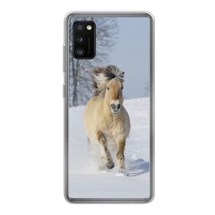 MuchoWow Handyhülle Laufendes Fjordpferd im Schnee Handyhülle Samsung Galaxy A41 Smartphone-Bumper Print Handy