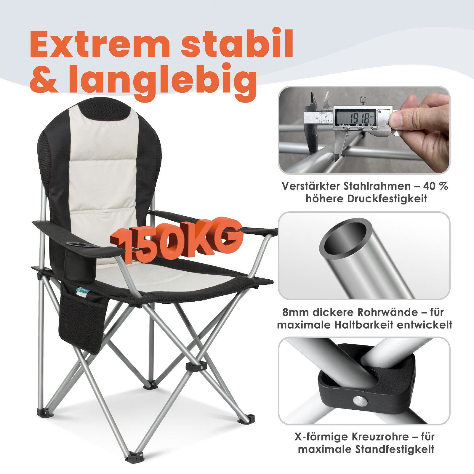 HOMECALL Campingstuhl Hochlehner Klappstuhl Gartenstuhl Angelstuhl mit Angenehme Polsterung (Packung, 1 St), bis 150KG, mit Seitentaschen und Getränkehalter für Camp Garten Balkon