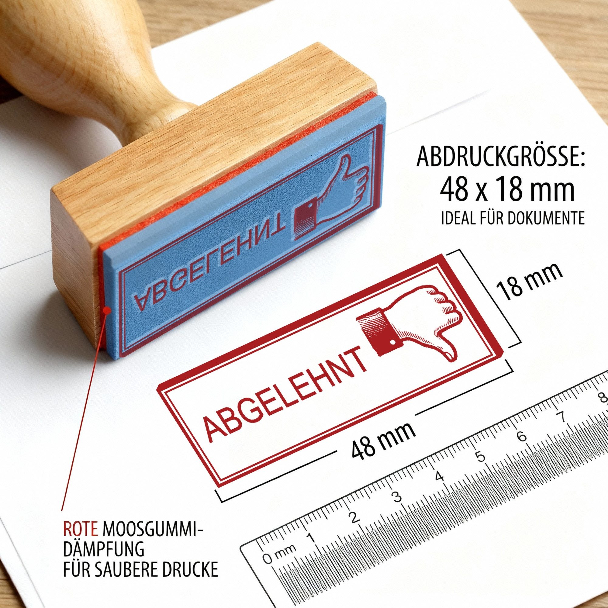 Dekolando Stempel Bürostempel ABGELEHNT Daumen runter Stempel – Holzstempel 48x18 mm für – Bild 3 von 5