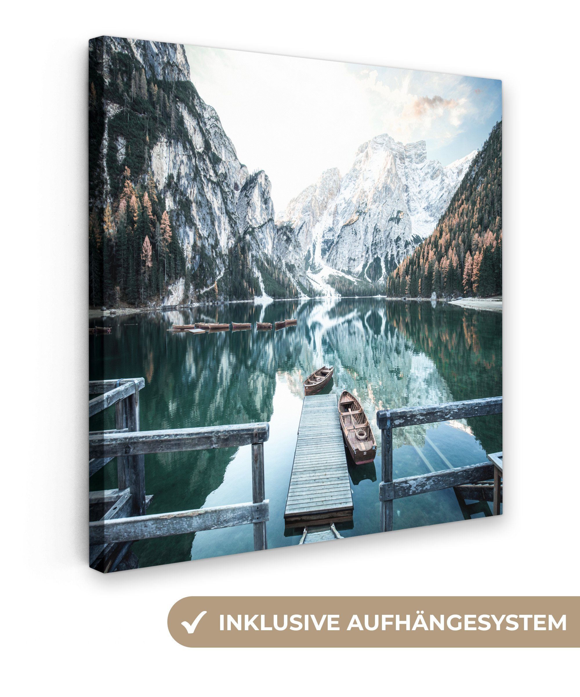 OneMillionCanvasses® Leinwandbild Natur - Berge - Schnee - Wald - Boot, (1 St), Leinwand Bilder für Wohnzimmer Schlafzimmer, 20x20 cm