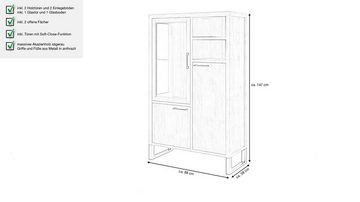 Massivart® Highboard BENIKO 88 cm Breite / Massivholz Akazie, 1 Glastür / 2 Einlegeböden / 1 Glasboden / Soft-Close-Funktion