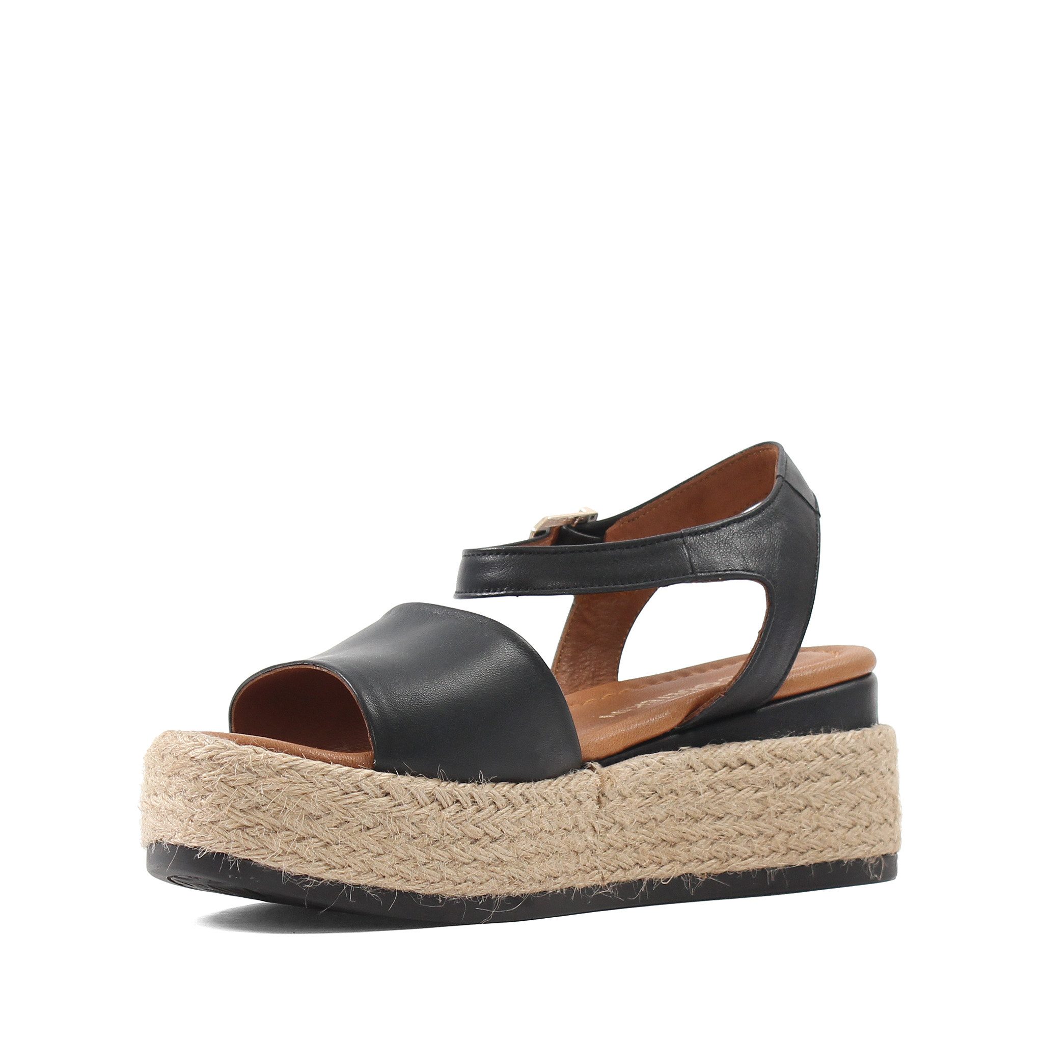 Celal Gültekin Plateau Keilabsatz Espadrilles Riemchen Damen Plateausandaletten Glattleder, Echtleder-Futter & Decksohle, Schwarz, 37