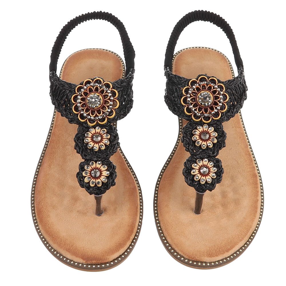 Ital-Design Damen Boho Zehentrenner Sandale mit Schmuckdetails Zehentrenner (91971235) Blockabsatz Riemchensandalen in Schwarz – Bild 4 von 5